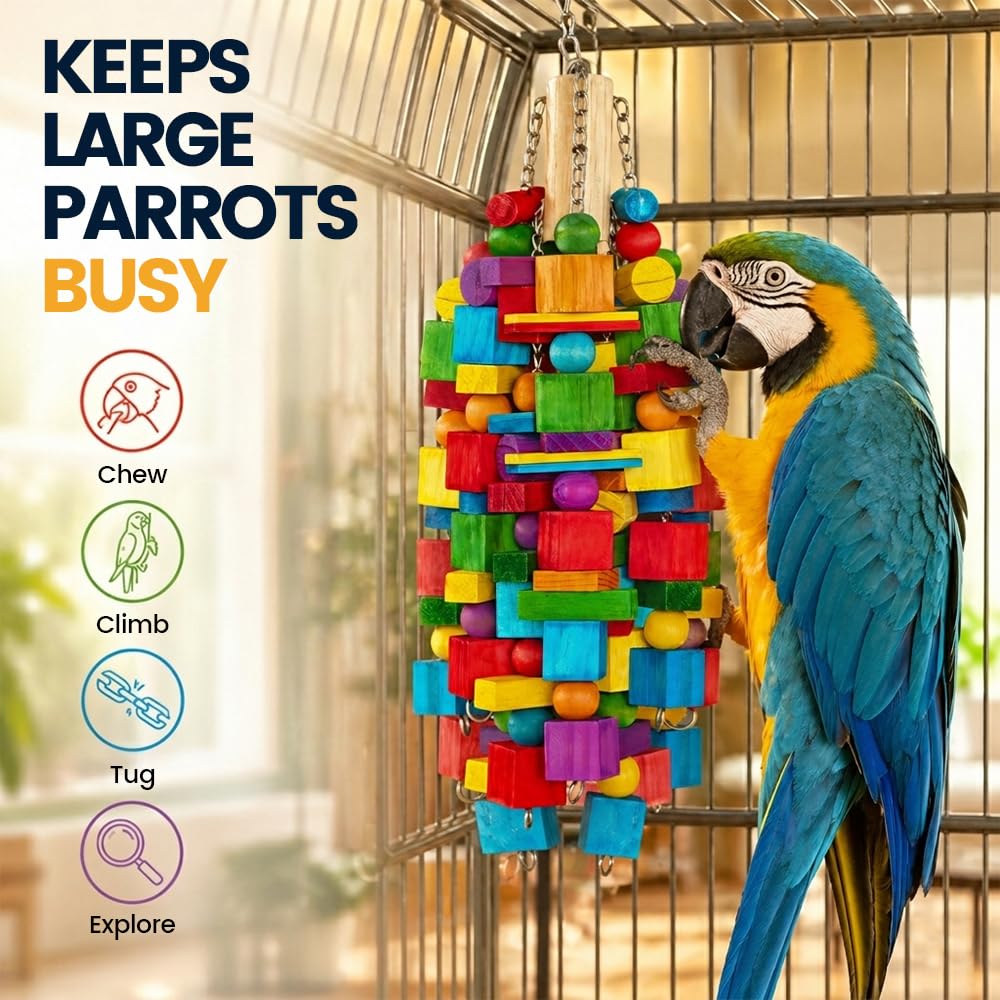 Giocattoli per uccelli extra large – 55 cm, giocattoli naturali per pappagalli da masticare e foraggiamento, con catena SS e colori commestibili per pappagalli di medie e grandi dimensioni, ara