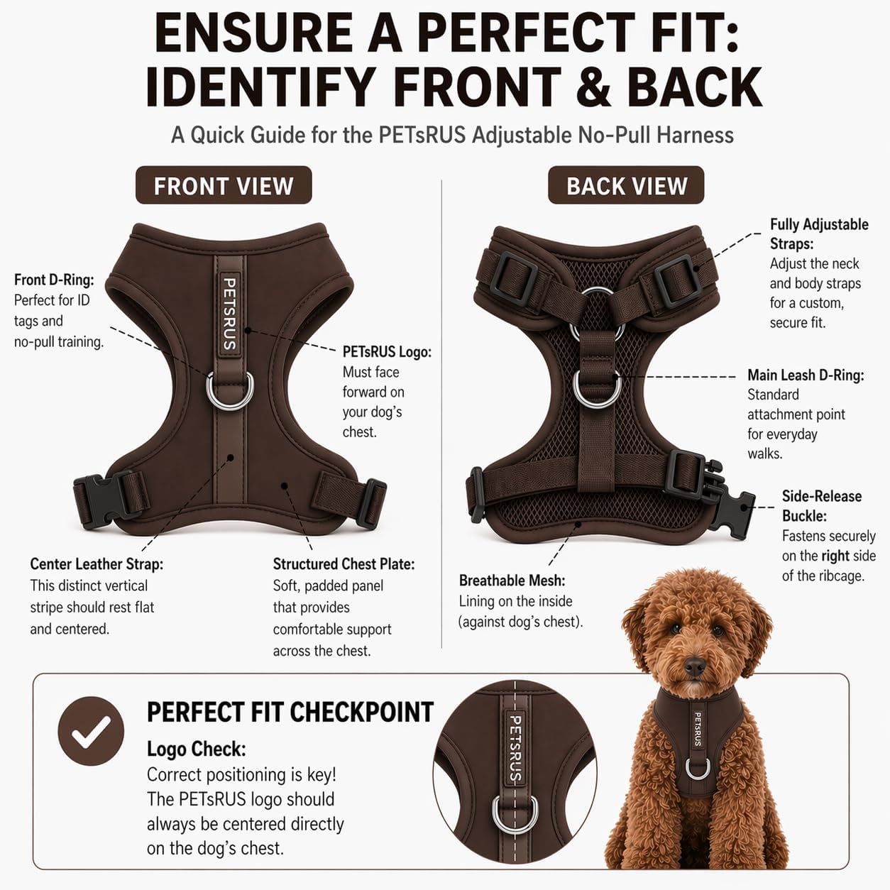 Premium No-Pull Dog Harness Soft Neoprene & Breathable Mesh Vest with Front & Back Clip D-Rings Adjustable Lightweight Walking Harness for Puppies, Small & Medium Dogs (Dark Chocolate Brown, XS)