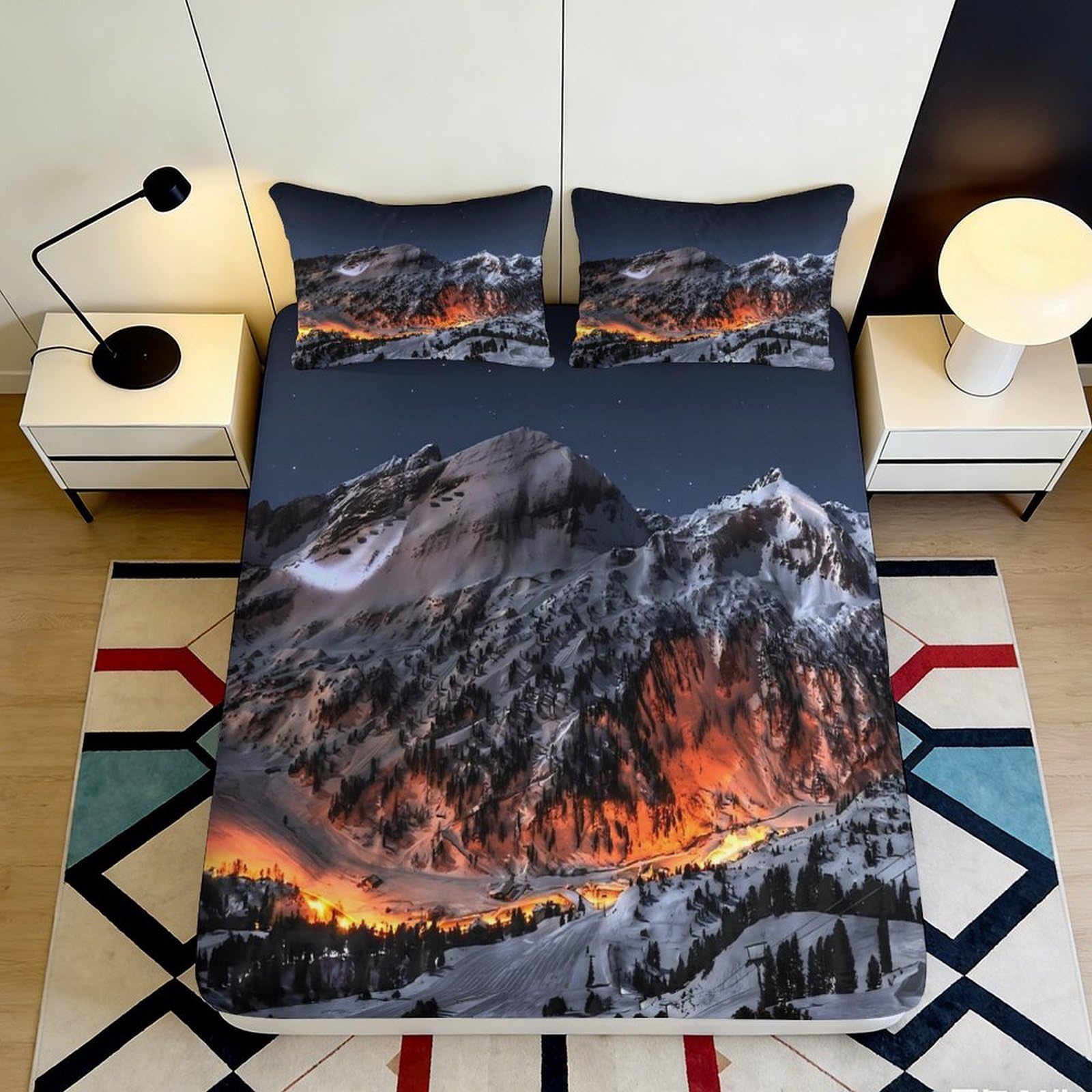 3D Printed Mountain Landscape Fitted Sheet Microfiber Soft Breathable Night Sky Bed Cover for Bedroom Dormitory Guest Room Mattress Protection Decor 180x200x25cm