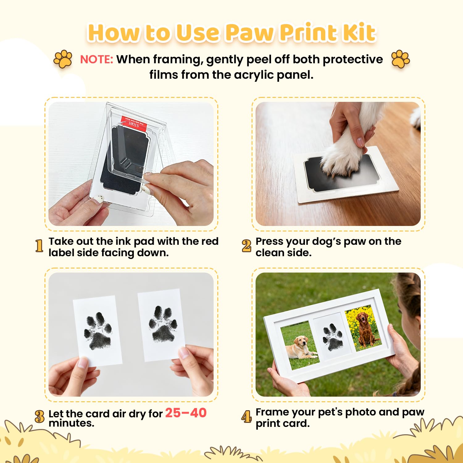 Kit Empreinte Chien Chat, Cadeaux pour Chien avec 2 Tampons Encreurs Sans Encre, 4 Cartes, Kit Empreinte Bebe avec Cadre Photo en Bois, Kit d'Impression pour Bébé de 0 à 6 Mois, Cadre Triple, Blanc