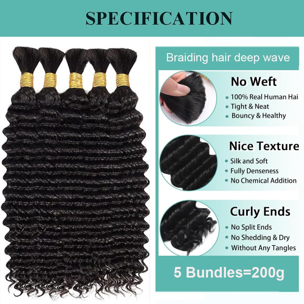 Human Braiding Hair for Boho Braids 200g 20 Inch Deep Wave Boho Hair for Braiding Curly Human Hair Extensions Knotless 12A Bulk Bohemian 5 Bundles/Pack Natural Color