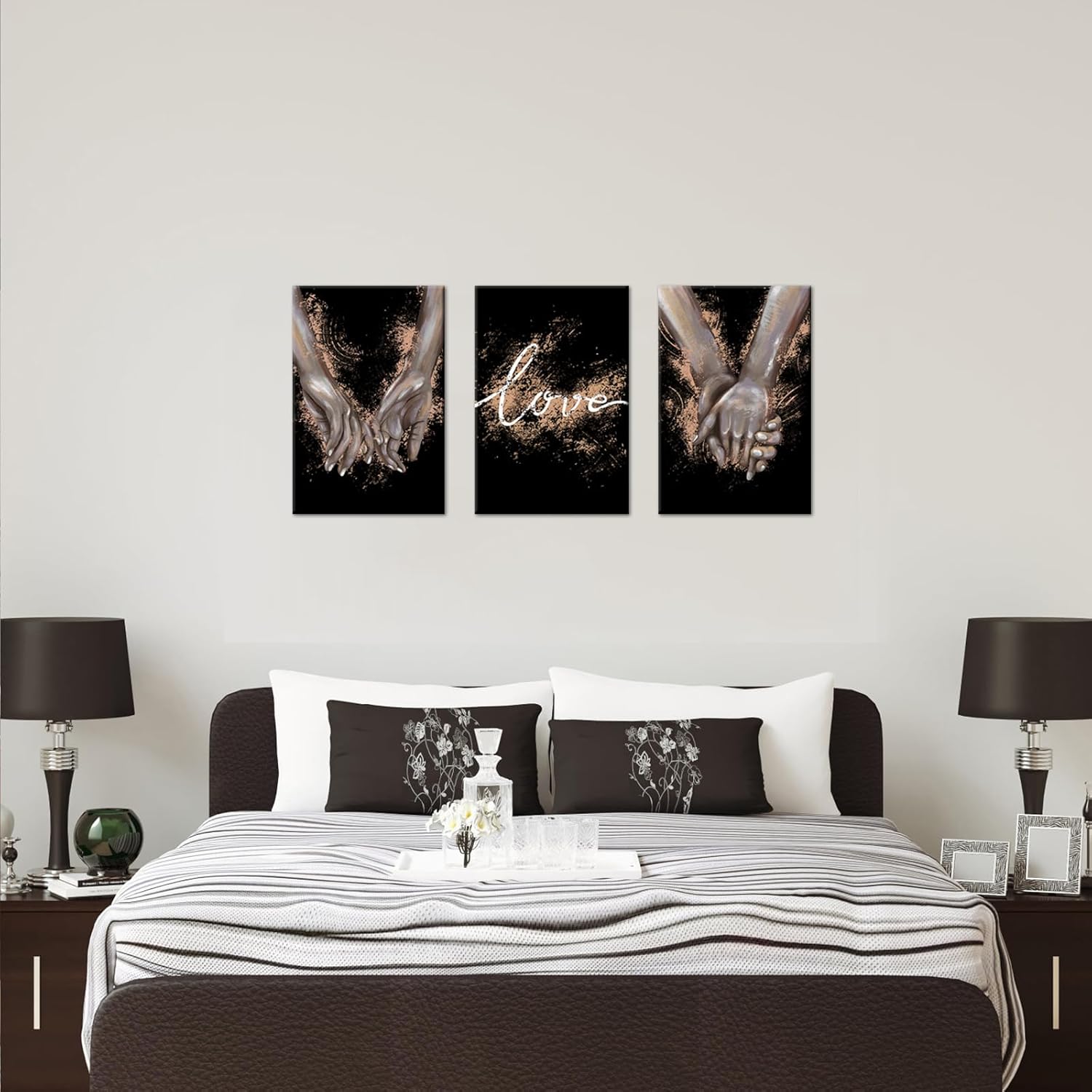 OuElegent 3 Piece Love and Hand in Hand Wall Art Romantic Couple Pictures Black Love Wall Decor for Living Room Bedroom Decoration Framed Ready to Hang(24''x16''x3 Panels)