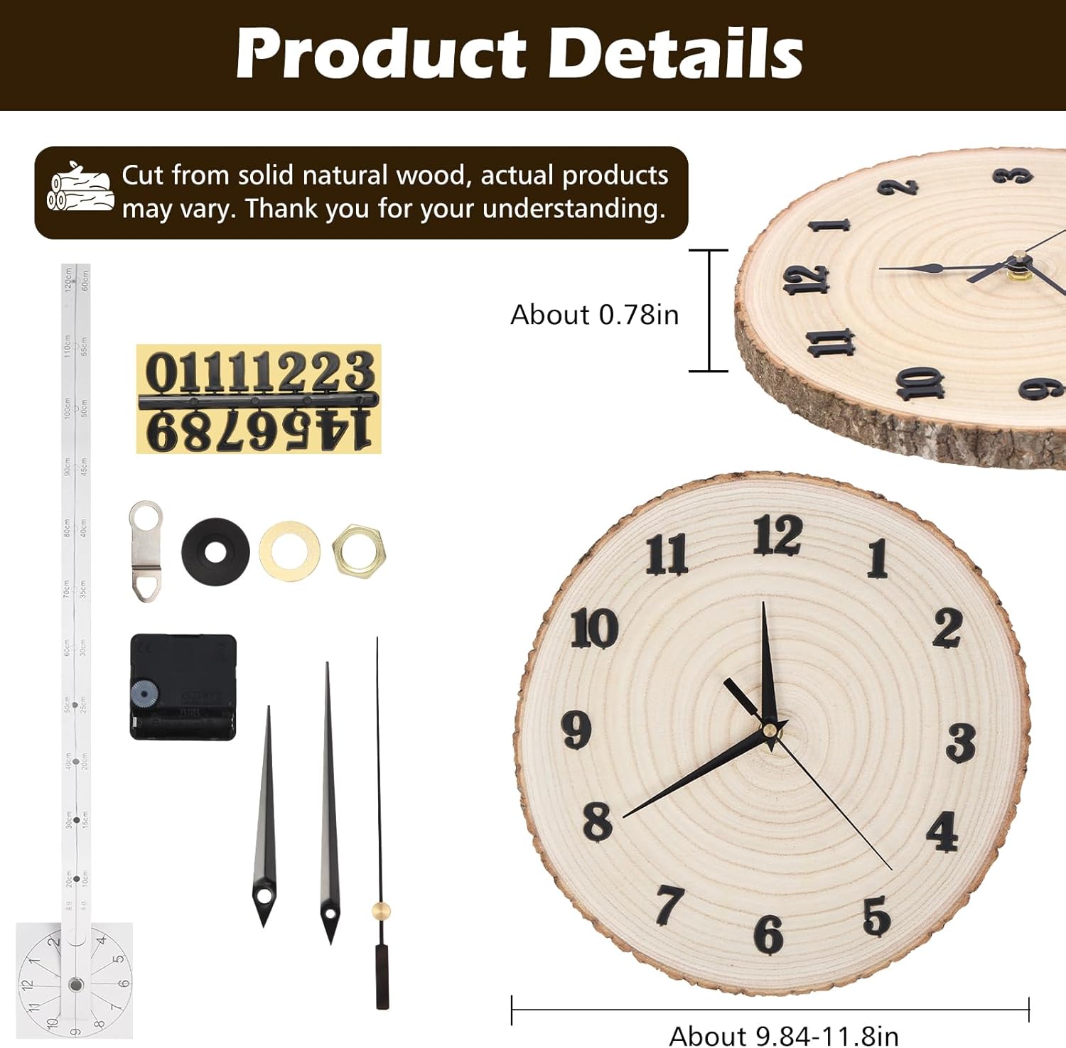 DIY Wooden Wall Clock Kit, Unfinished Round Wood Clock Making Set with Silent Sweep Movement, Original Wood Grain Craft Project for Home Wall Decor, Unique Gift for Living Room Bedroom