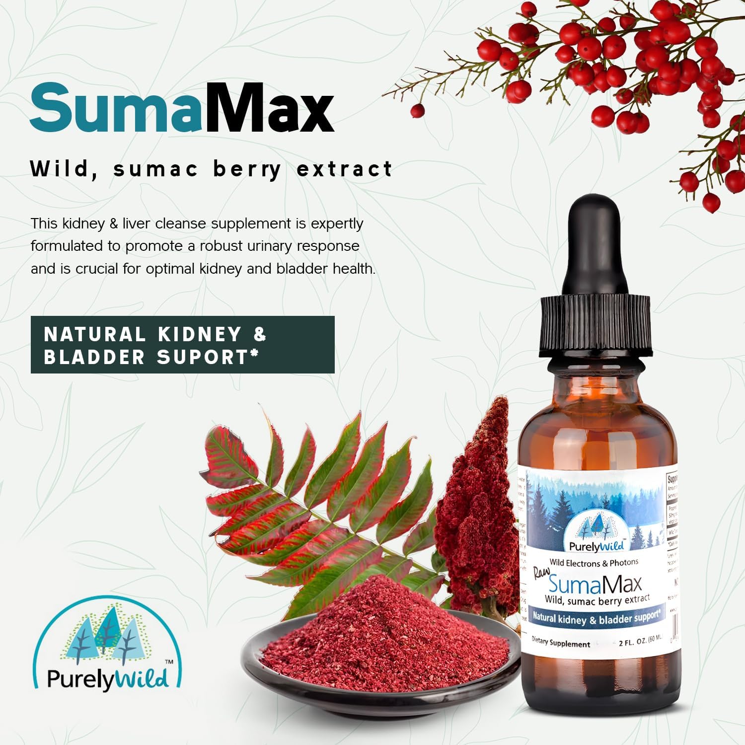 PURELY WILD SumaMax Supplement – Formulated by Dr. Cass Ingram with Raw Sumac Berries & Cranberry Extract – Wild Electrons & Photons – 2 fl oz