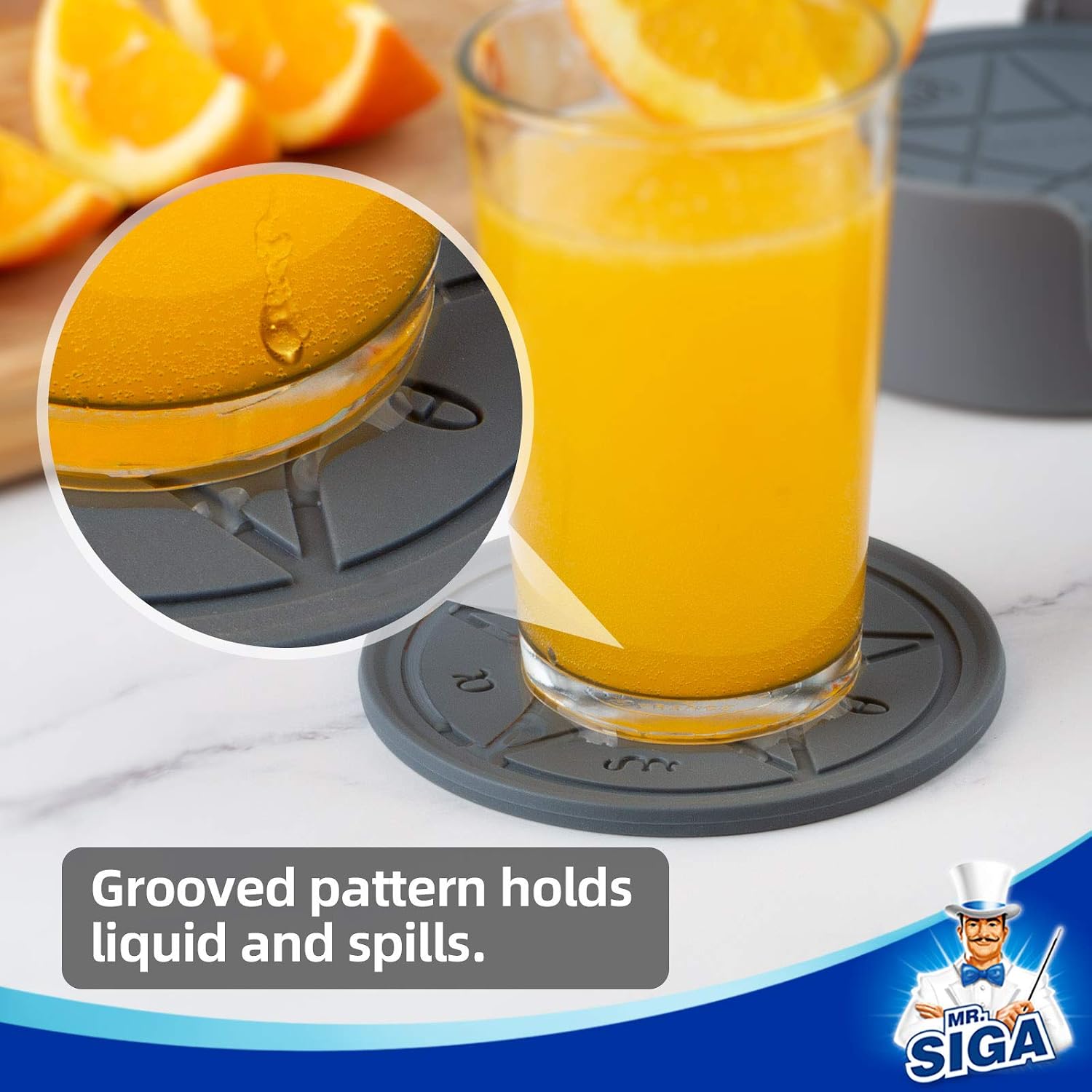 MR.SIGA Silicone Coasters with Holder, Reusable Drink Coasters for Home, Office, Bar, 4" Diameter, 8 Pack, Gray
