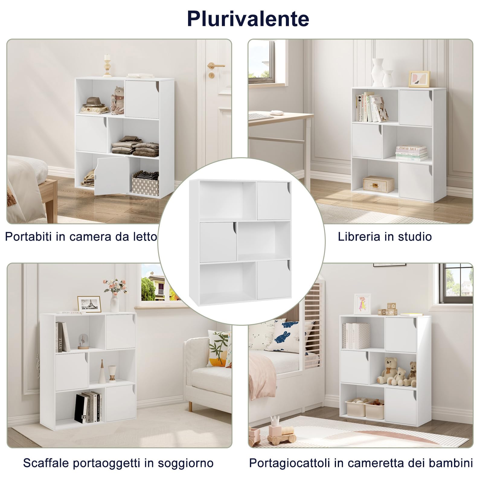 eSituro Libreria Autoportante a 6 Scomparti, Porta Libri con Ante, Scaffale a 3 Ripiani Portaoggetti, Divisorio per Ambienti, Ufficio, Studio, Soggiorno, in Legno, 80x30x96cm, Bianco, SBKC0050