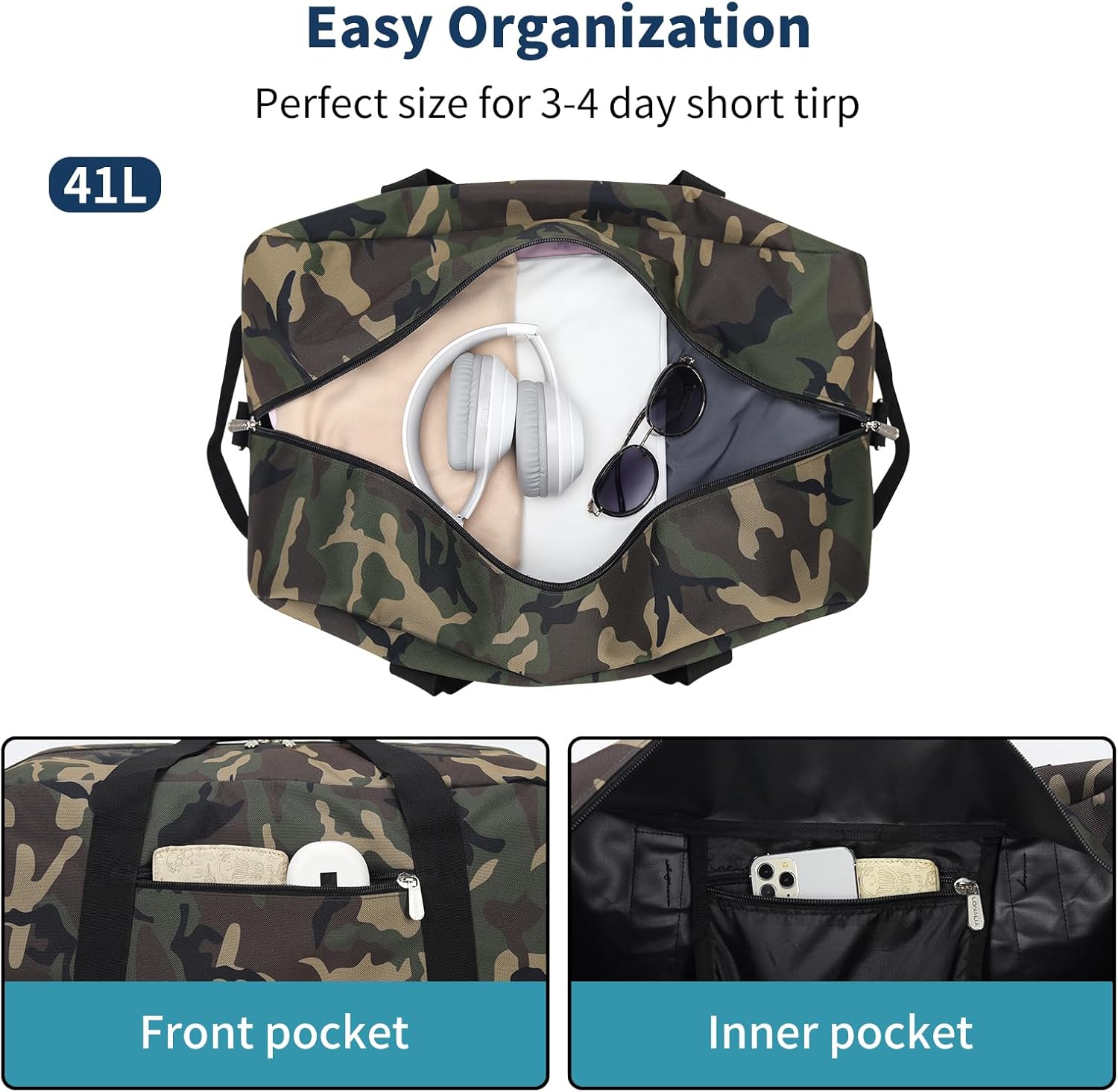 21 inch Gym Bag for Men - 40L Travel Duffel Bag Sport Duffle Bags for Weekend Overnight with Bottom Support (Camouflage) - Image 5