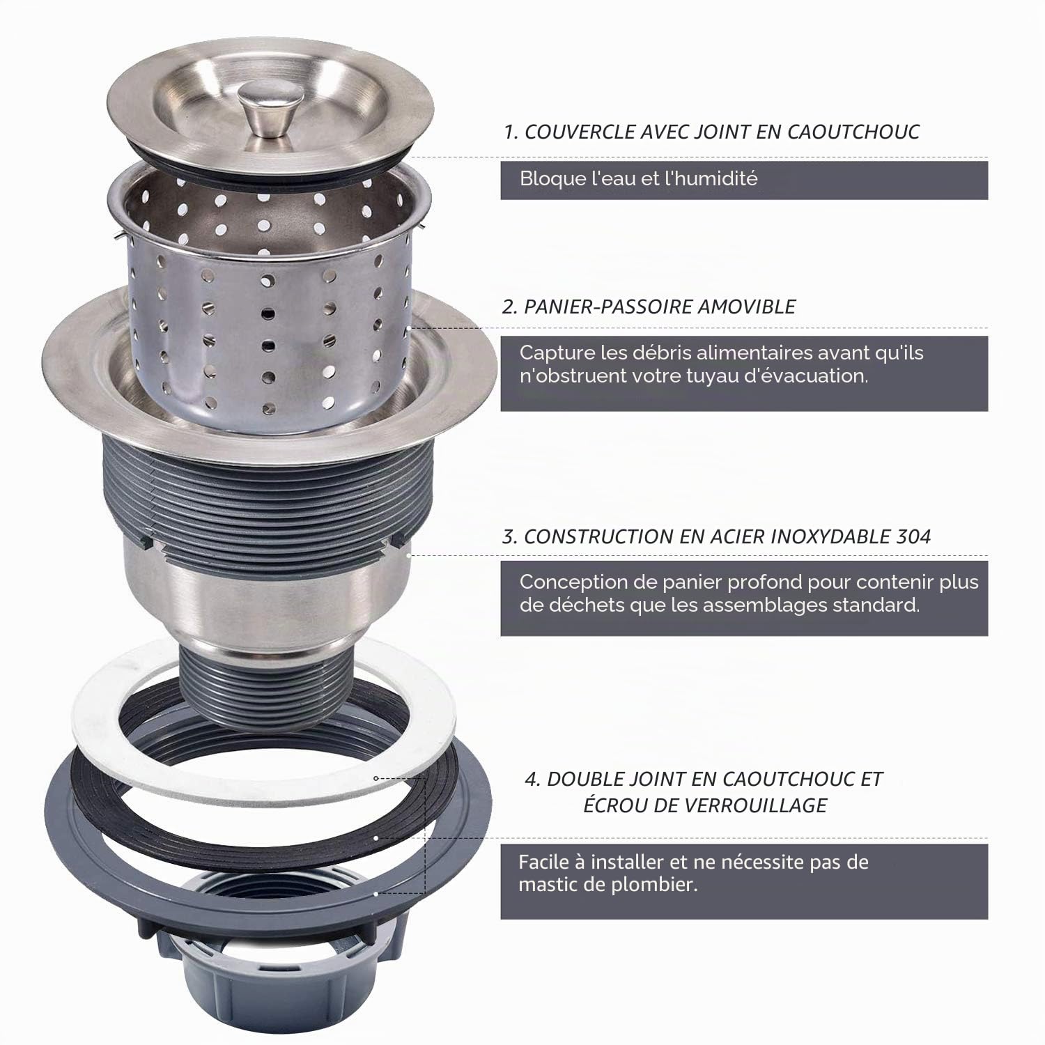KONE G231 Bonde d'évier de Cuisine Amovible en Acier Inoxydable 8,9 cm