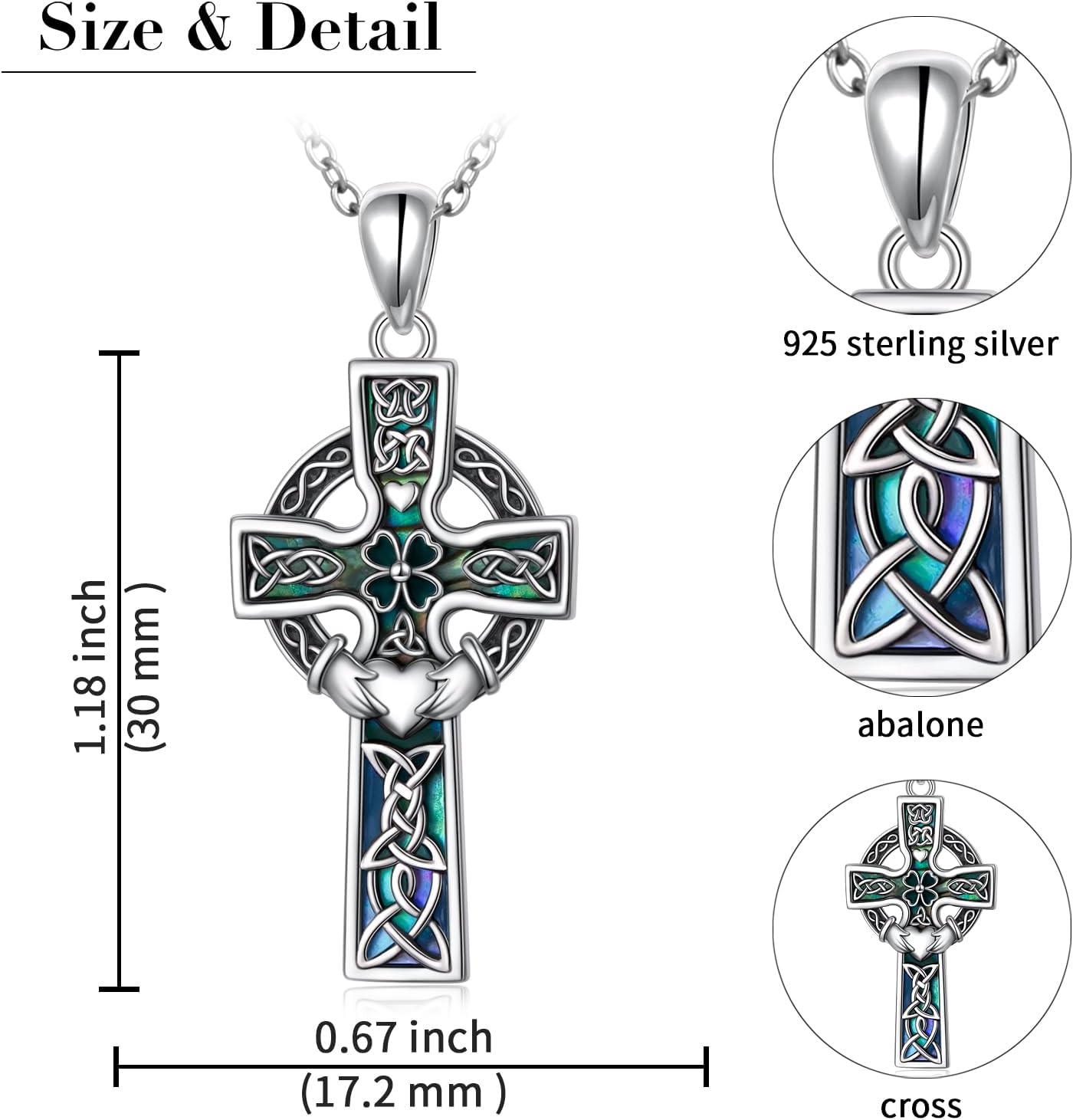 925 Sterling Silver Abalone Shell Celtic Cross Necklace Irish Knot Christian Amulet Pendant Gift for Women Men - Image 4