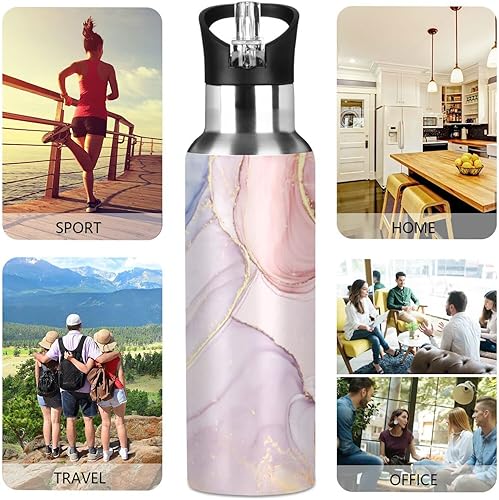 Miniatura 4 de Kcldeci Botella de agua deportiva de mármol rosa de 20 onzas, tapa de pajilla, a prueba de fugas, aislada al vacío, acero inoxidable, caliente,