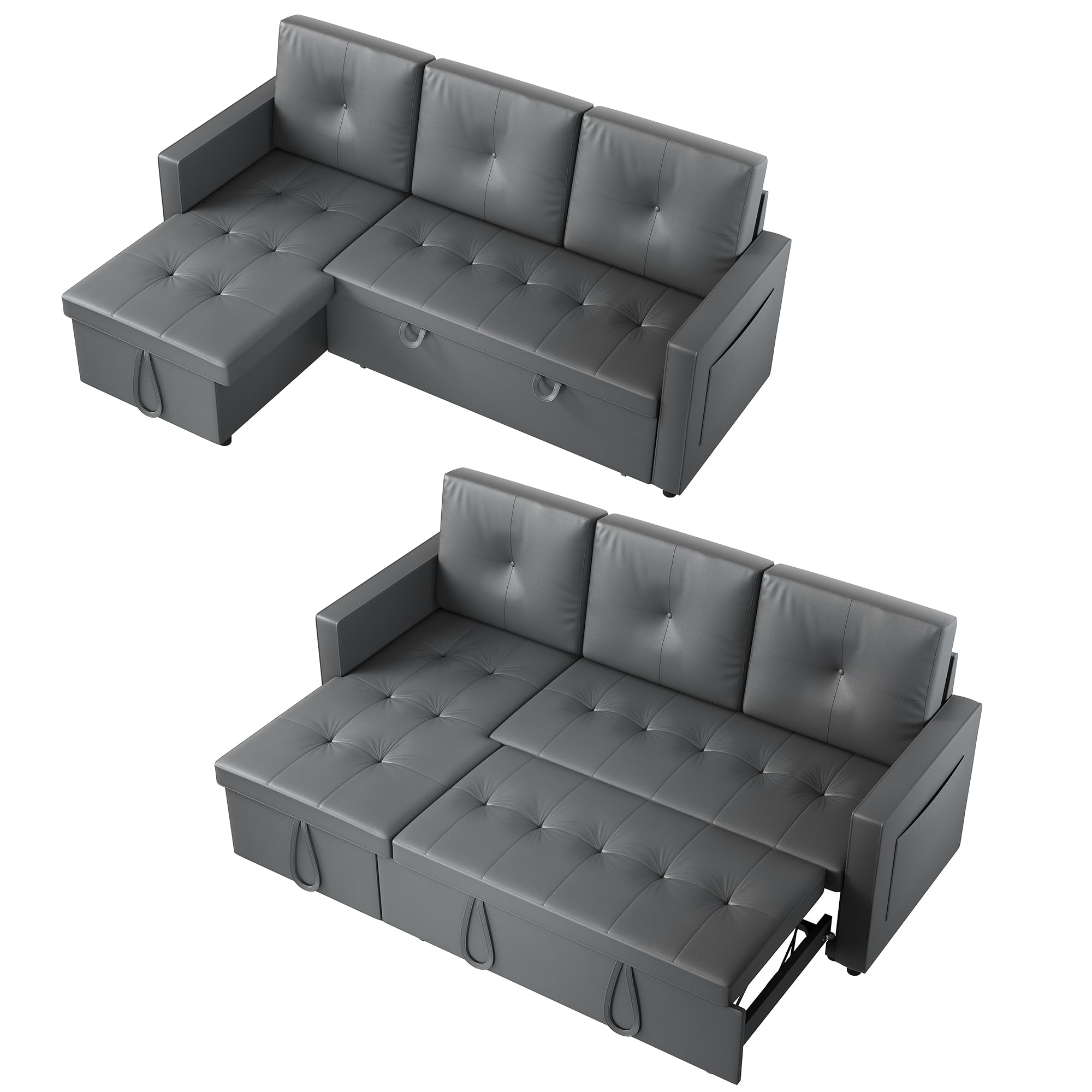SONNI Sofa, hoekbank, 203x132x88cm, slaapbank met slaapfunctie, 3-zits bank, bedbank, bank met bedkast, zijvak, katklauwleer, ideaal voor appartementen woonkamer, lichtgrijs