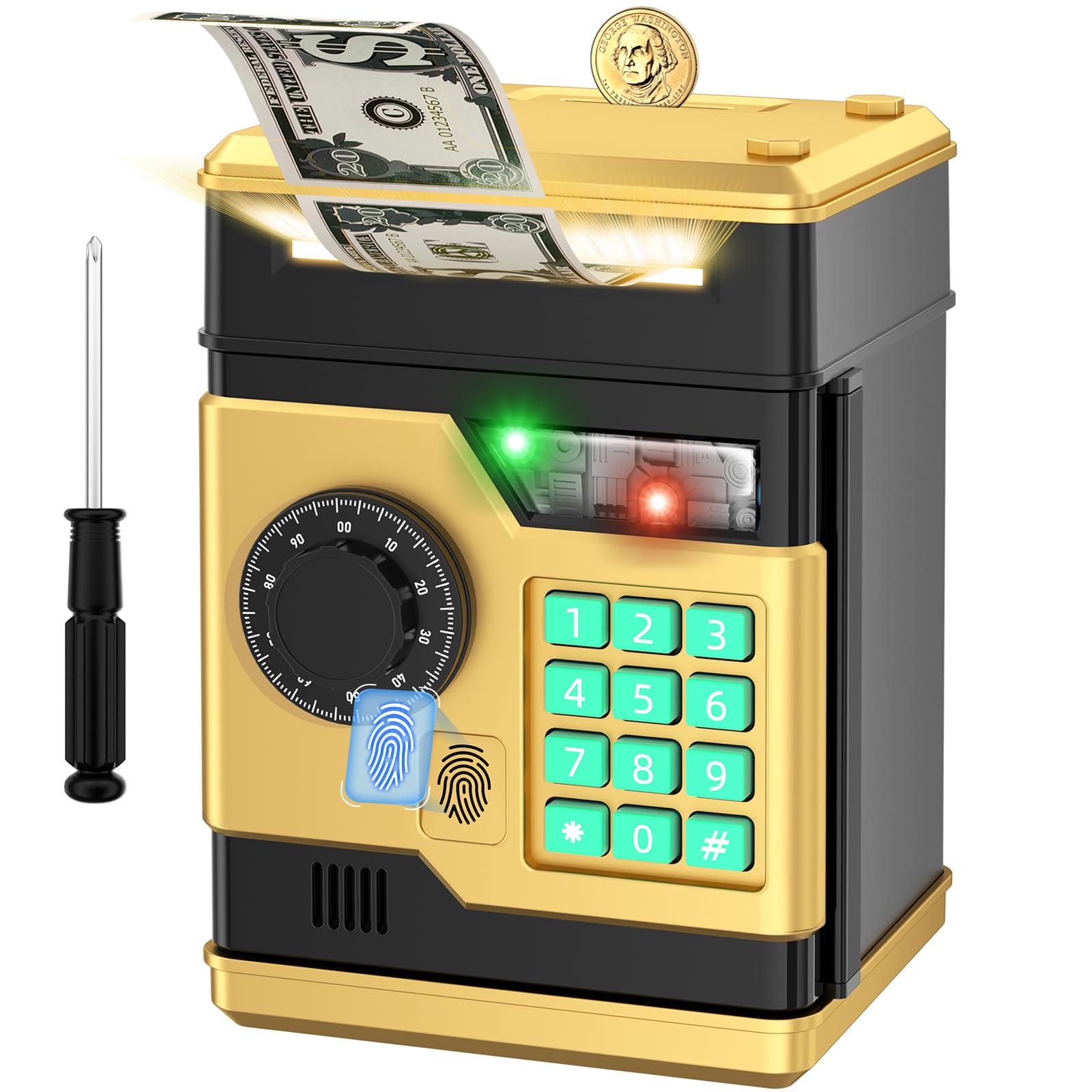 Piggy Bank, Automatic Electronic Piggy Bank for Kids Boys Girls with Password and Fingerprint Unlocking Simulation, Money Bank Kids Safe Toys for 3 4 5 6 7 8 9 10 Year Old Boy Girl (Black Gold)