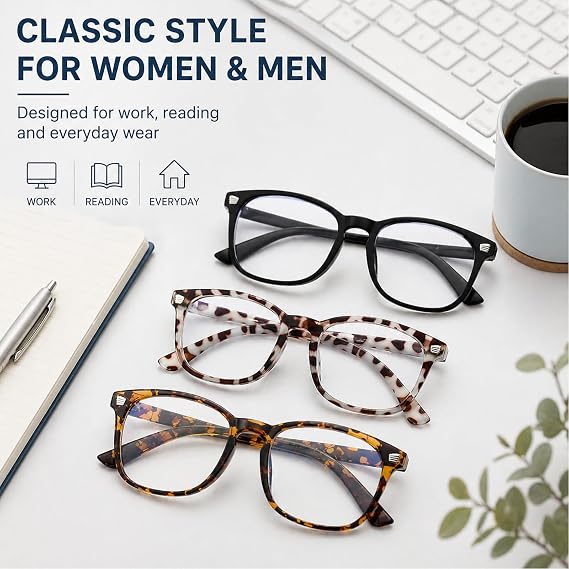 3 Pack Rounded Square Glasses for Women - UV400 Blue Light Eyewear