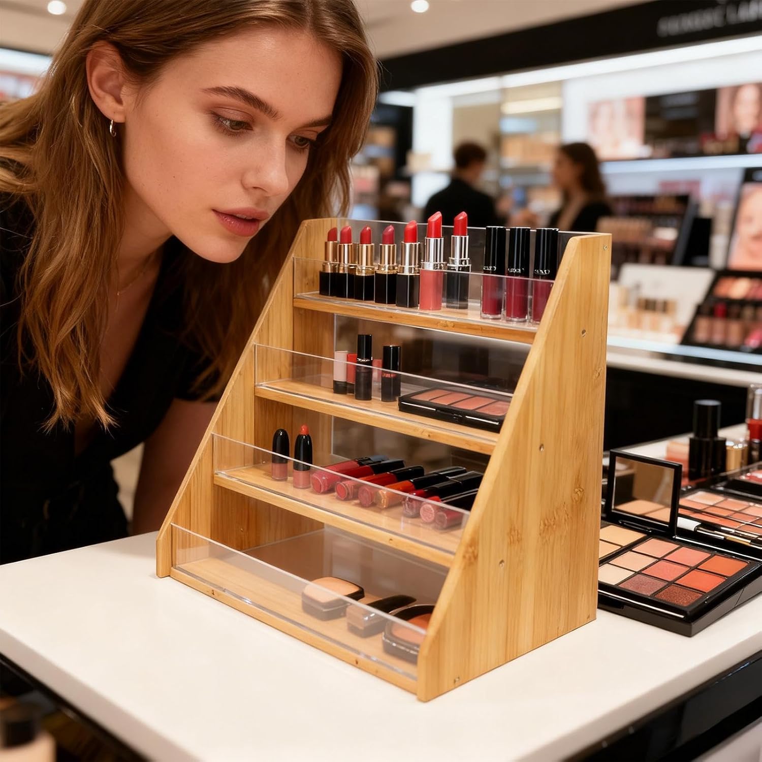 Wooden Acrylic Card Shelf, 34x23x31cm 4 Tier Trading Display Stand, Clear Multilayer Storage Rack, Displaying, Organizing, Storing, Home, Shop, Games