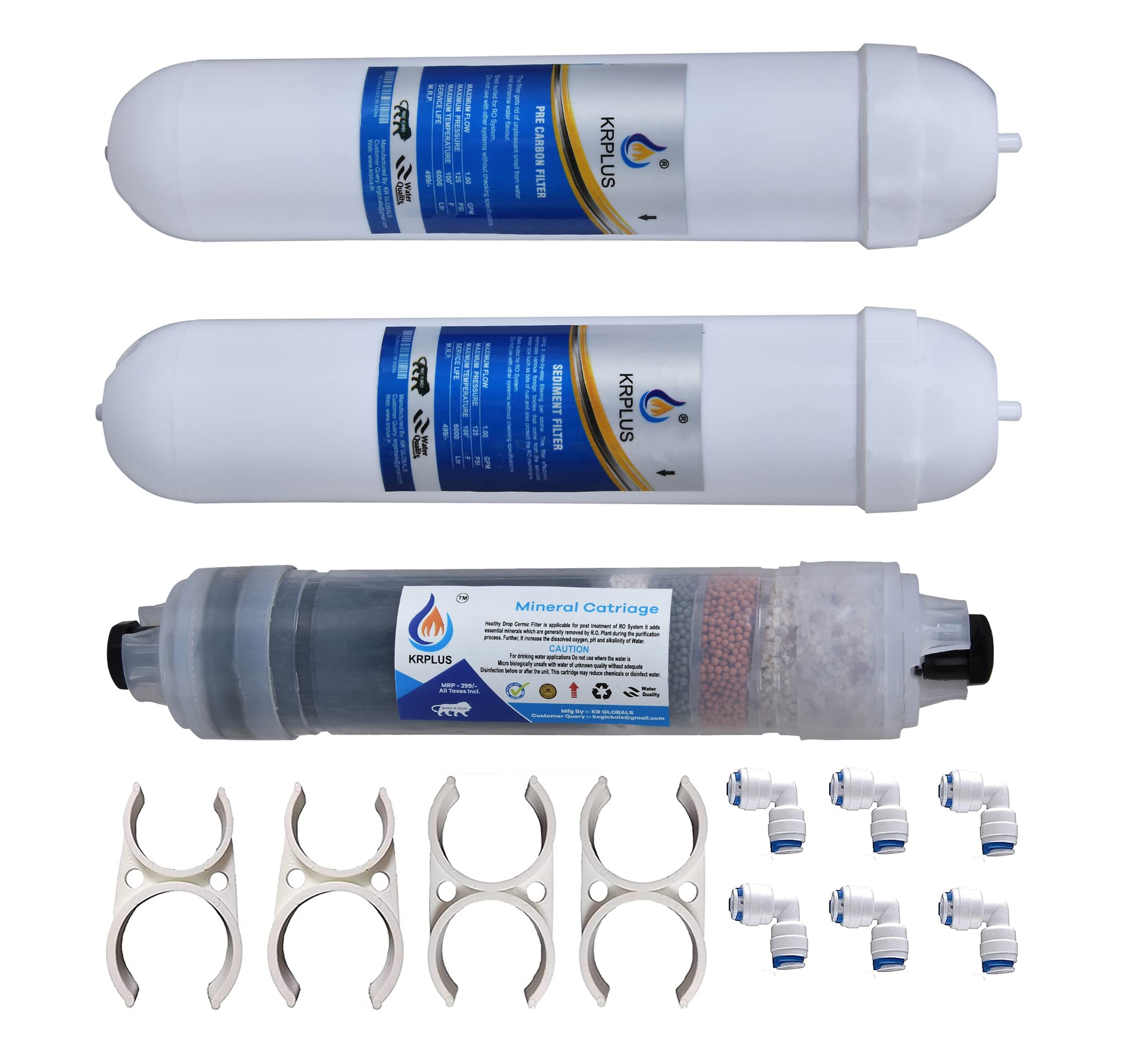 ® RO Inline Filter Set Pre-Carbon Filter + Sediment Filter + 8 Inch Transparent Mineral Cartridge with Clamps & Push Fit Connectors Compatible with All RO Water Filters-image-39