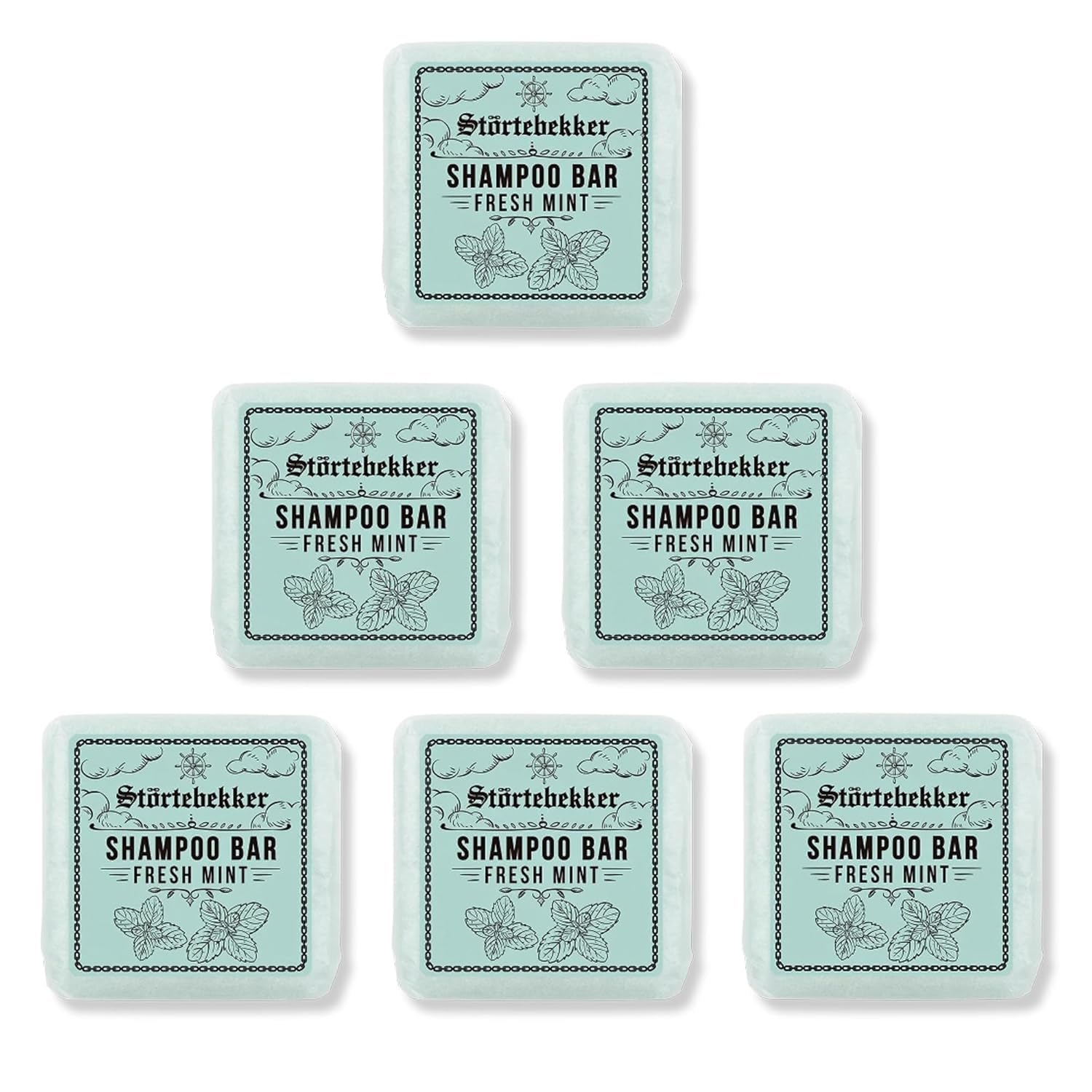 Störtebekker Champú Premium Bar Fresh Mint (6 unidades) – Champú sólido para hombre y mujer – Jabón de ducha 3 en 1 para hombres, para cabello, cuero cabelludo y barba, champú hidratante, vegano
