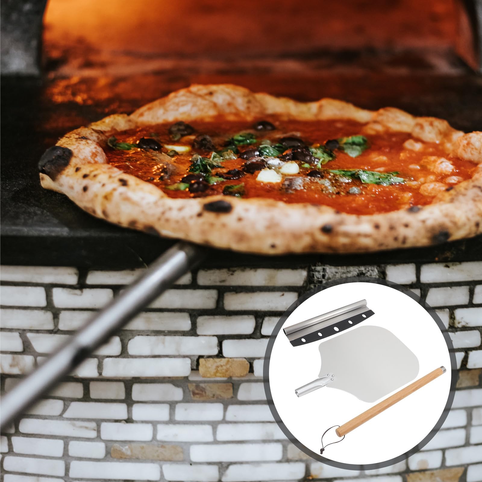 DOITOOL 2 Stück Pizzaschneider und Pizzaschaufel aus Aluminium und Holzgriff Abnehmbar für Pizza und Kuchen Backzubehör Platzsparend und Hitzeschutz für Backofen Anwendungen