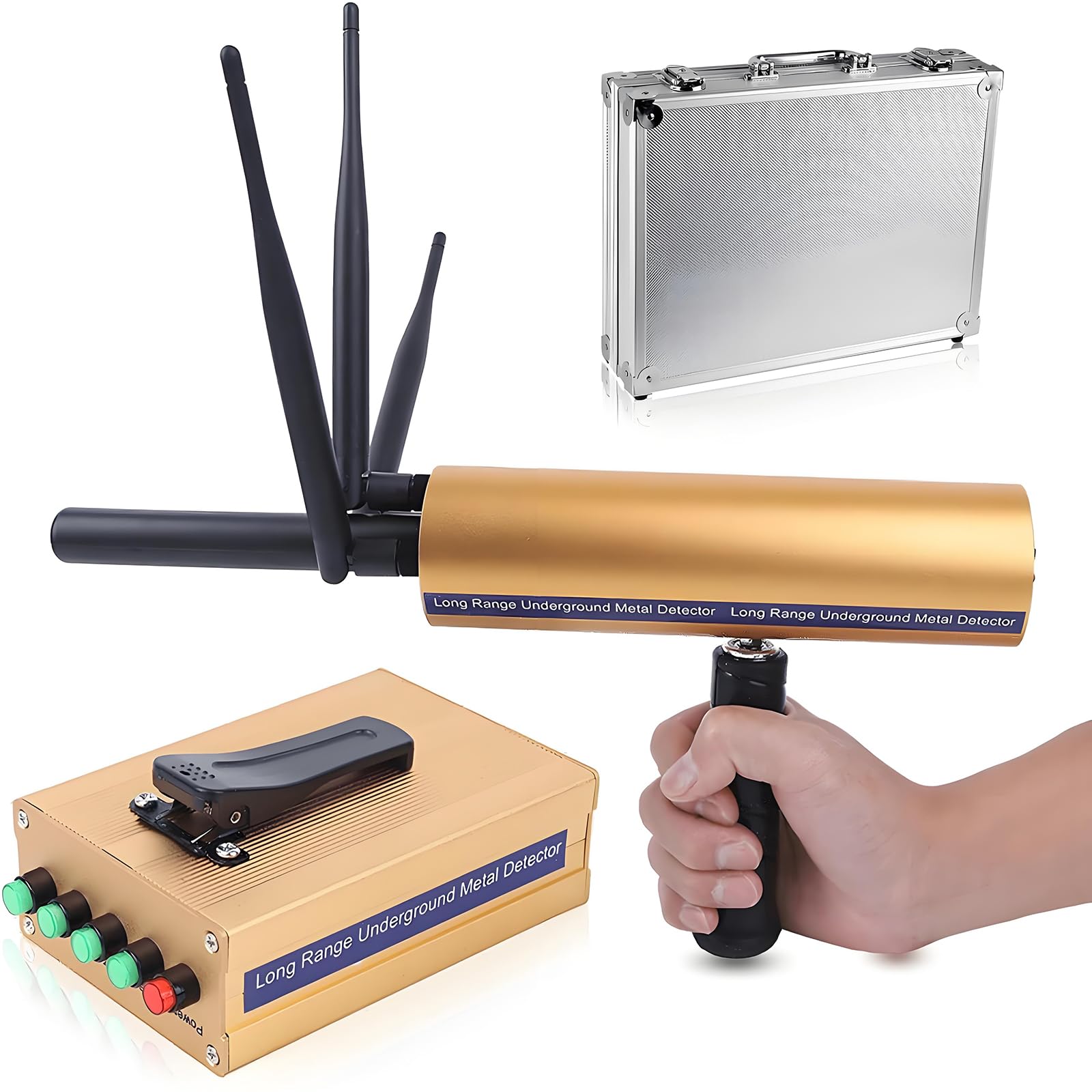 Détecteur de métaux - Portée de 1000 m - Rechargeable avec valise et 3 antennes - Détecte jusqu'à 30 m de profondeur pour l'or, l'argent, le cuivre, les diamants et les pierres précieuses