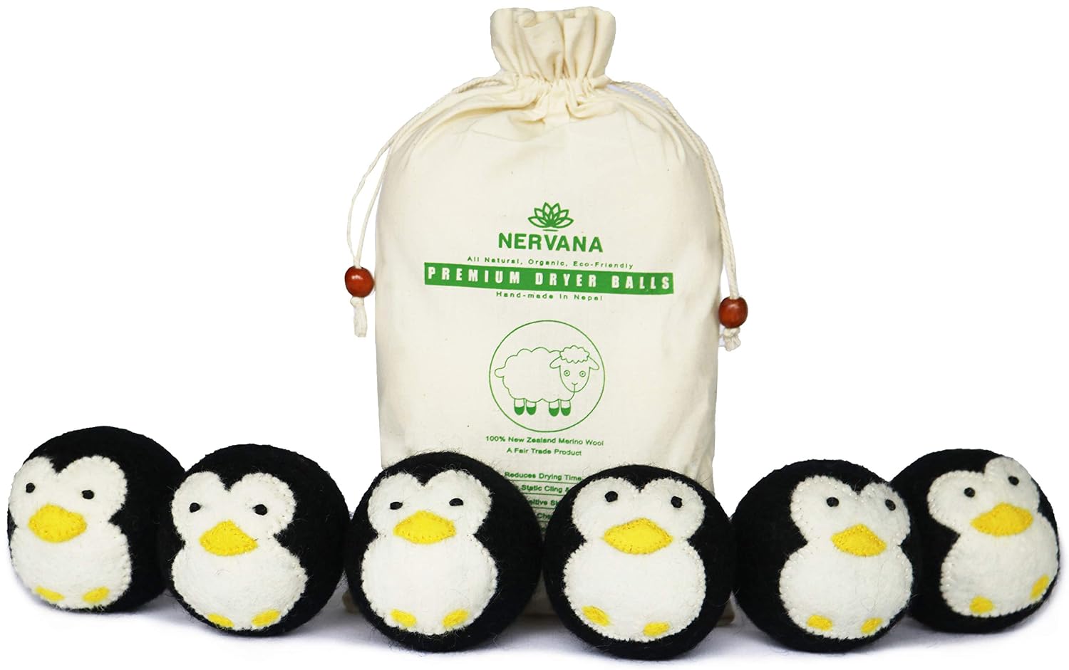 Review Product Organic Wool Dryer Balls - Penguins 6 XL Premium Quality Reusable Natural Fabric Softener, 100% Hand Made, New Zealand Merino Wool, Waddle of Penguins, Fair-Trade