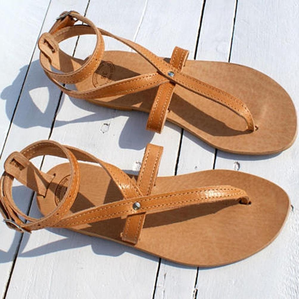 Sinwo Women Fashion Buckle Round Toe Flat Roman Sandals Leisure Beach Shoes