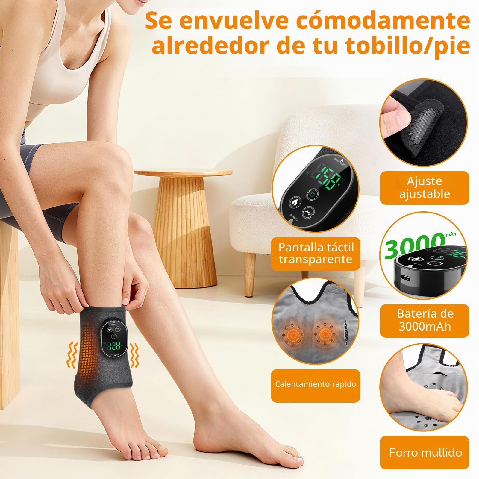 Masajeador de pies con calor, masajeador de tobillos inalámbrico con calefacción, almohadilla térmica de tobillo con 6 niveles de calor y 3 modos de vibración, vendaje calentado para mujeres y hombres