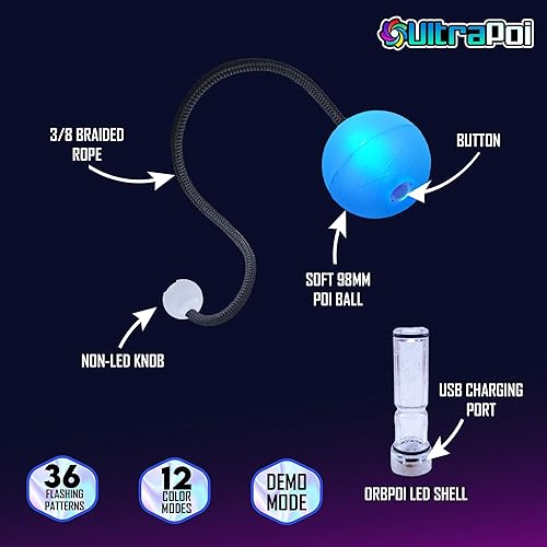 Miniatura 3 de OrbPoi - Juego Orb Poi con manijas de perilla no LED, bolas LED de contacto recargables por USB, con más de 30 modos de color y patrones