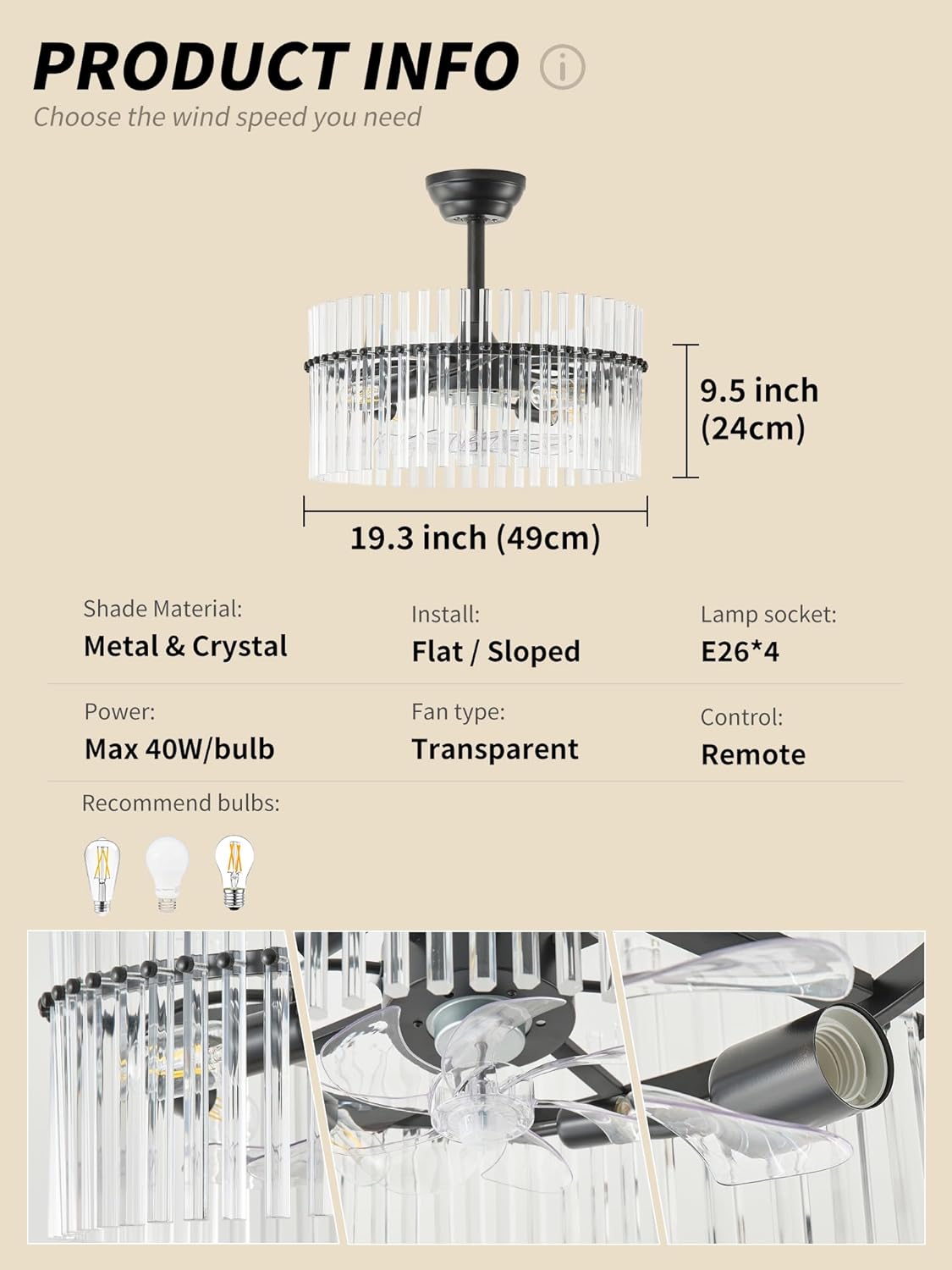 20" Black and Clear Crystal Fandelier Ceiling Fan with Light, Mid-Century Chandelier Ceiling Fan with Light Remote Control, 6 Speeds for Bedroom, Nursery, Living Room
