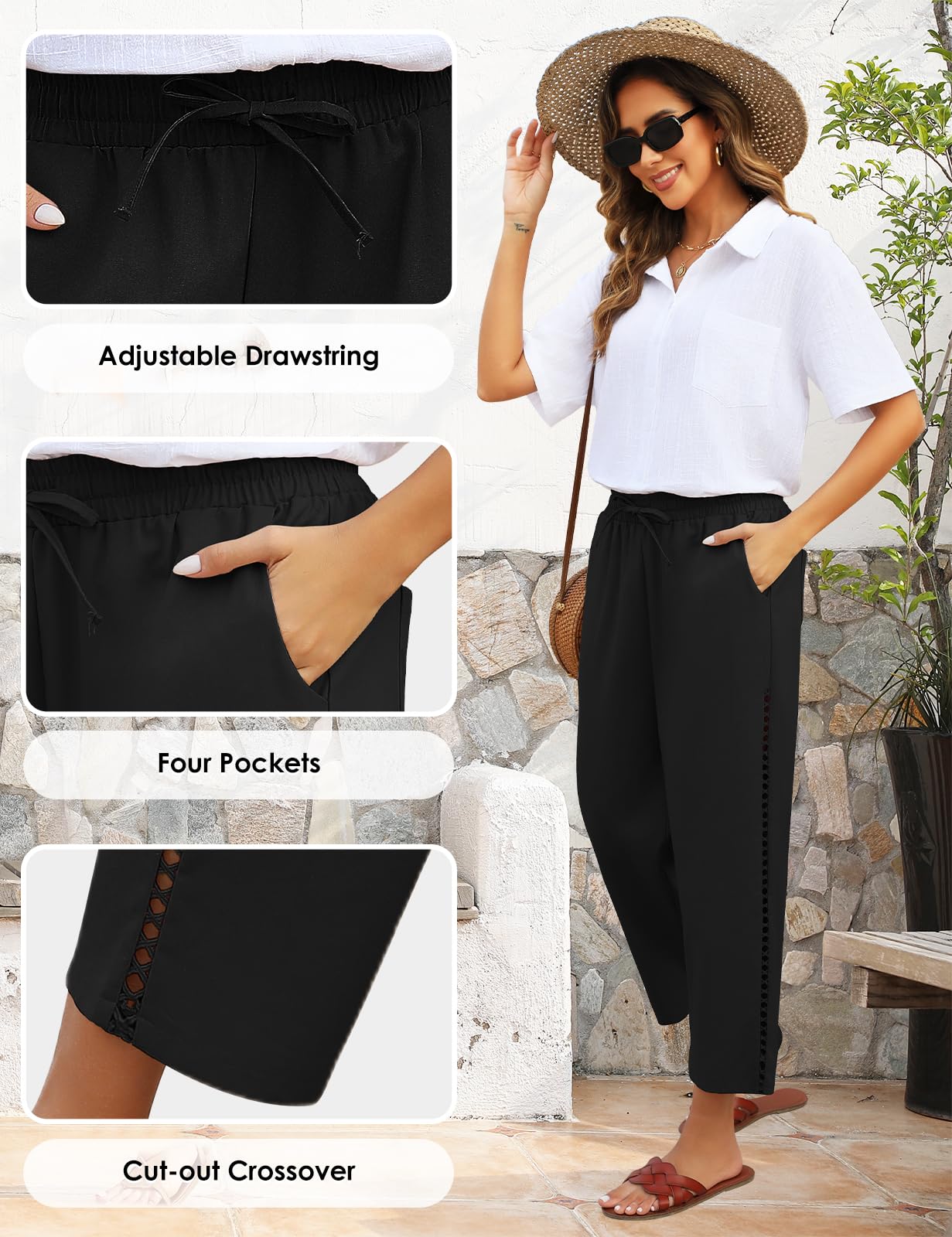 Voqeen Mujer Pantalones de Lino Verano Frescos Cintura Alta Elástico Largo Anchos con Bolsillos