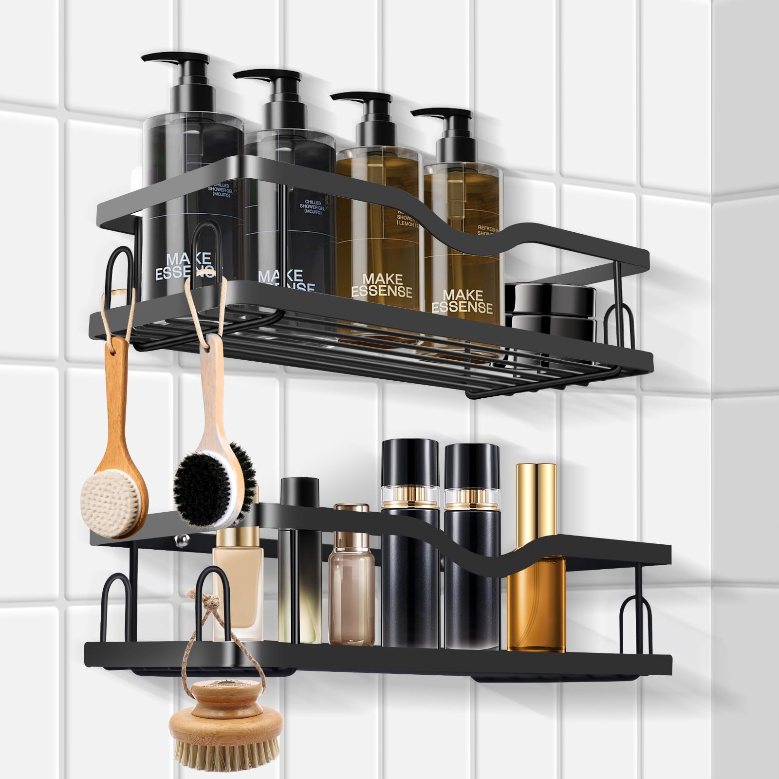 Unicrest RY Adhesive Shower Caddy 2-Pack Stainless Steel Rustproof Bath Organizer Large Capacity Shelves Drilling-Required for Rough Walls