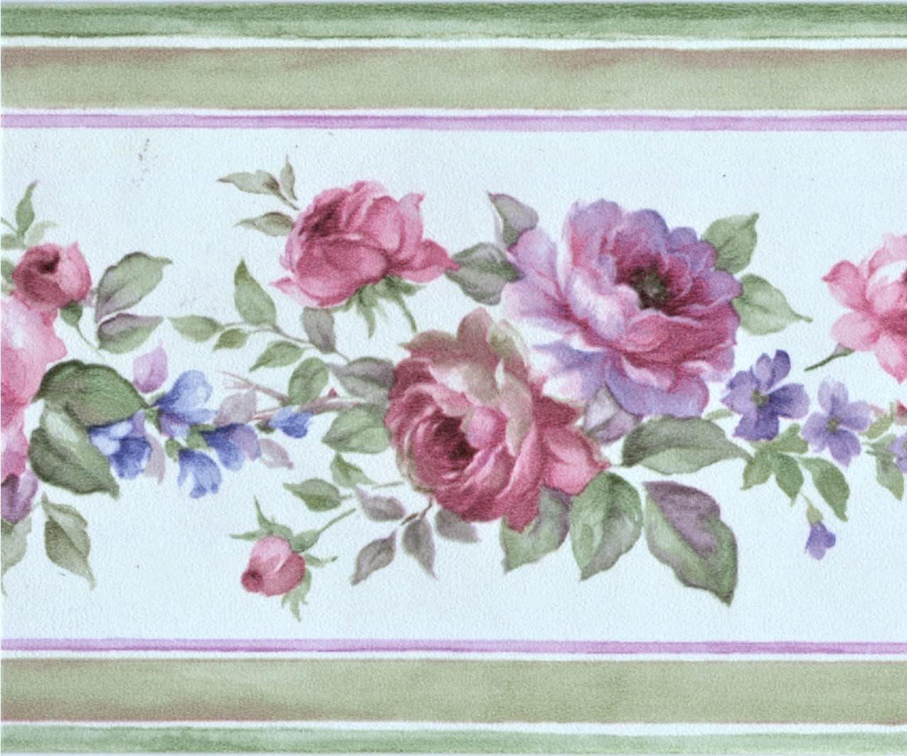 CONCORD WALLCOVERINGS ™ Vintage Rose Floral Wallpaper Border, 3.75" x 15' Blush Pink & Lavender Blooms, Sage Green Leaves, Prepasted Vinyl for Cottage & Farmhouse Decor #PR79653
