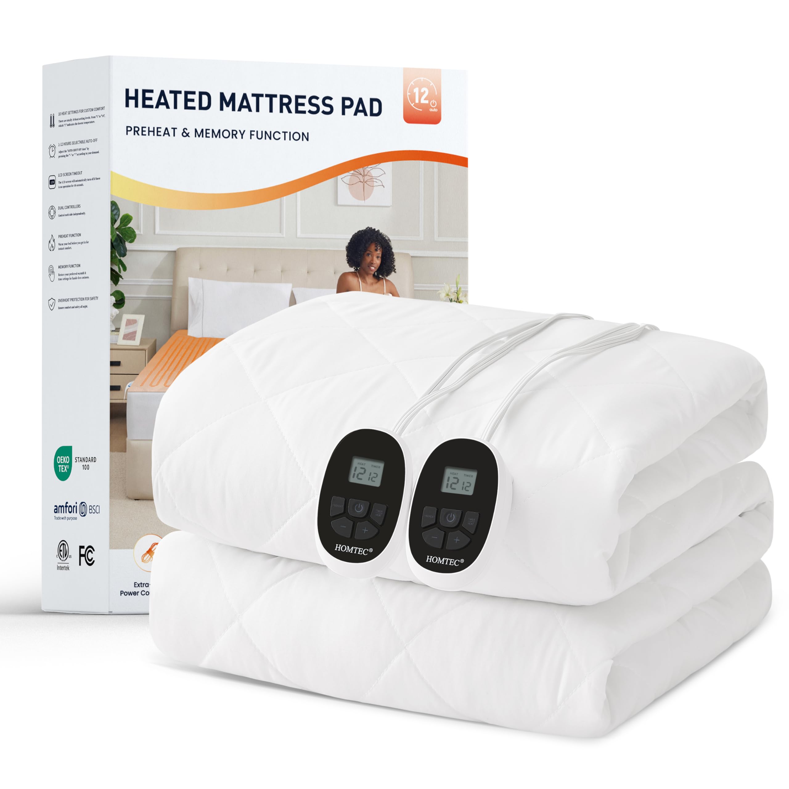 Heated Mattress Pad California King Size with Dual Zone Control, 12 Heat Settings, 1-12H Timer, Preheat & Memory Function, Machine Washable Electric Bed Warmer, ETL & FCC Certified