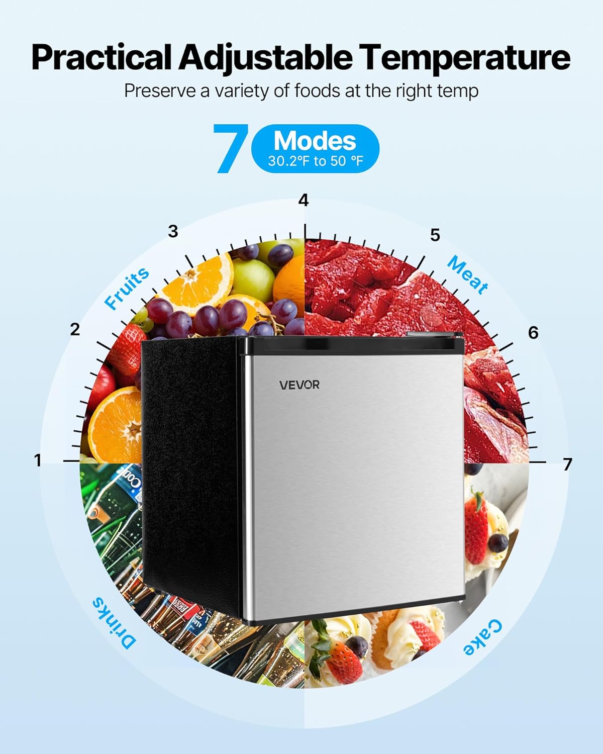 VEVOR Mini Fridge with Freezer, 1.6 Cu.Ft Compact Refrigerator, 7 Mode Adjustable Temperature, Energy Efficient Small Refrigerator, Reversible Door, Low Noise, for Bedroom, Office, Brushed Stainless
