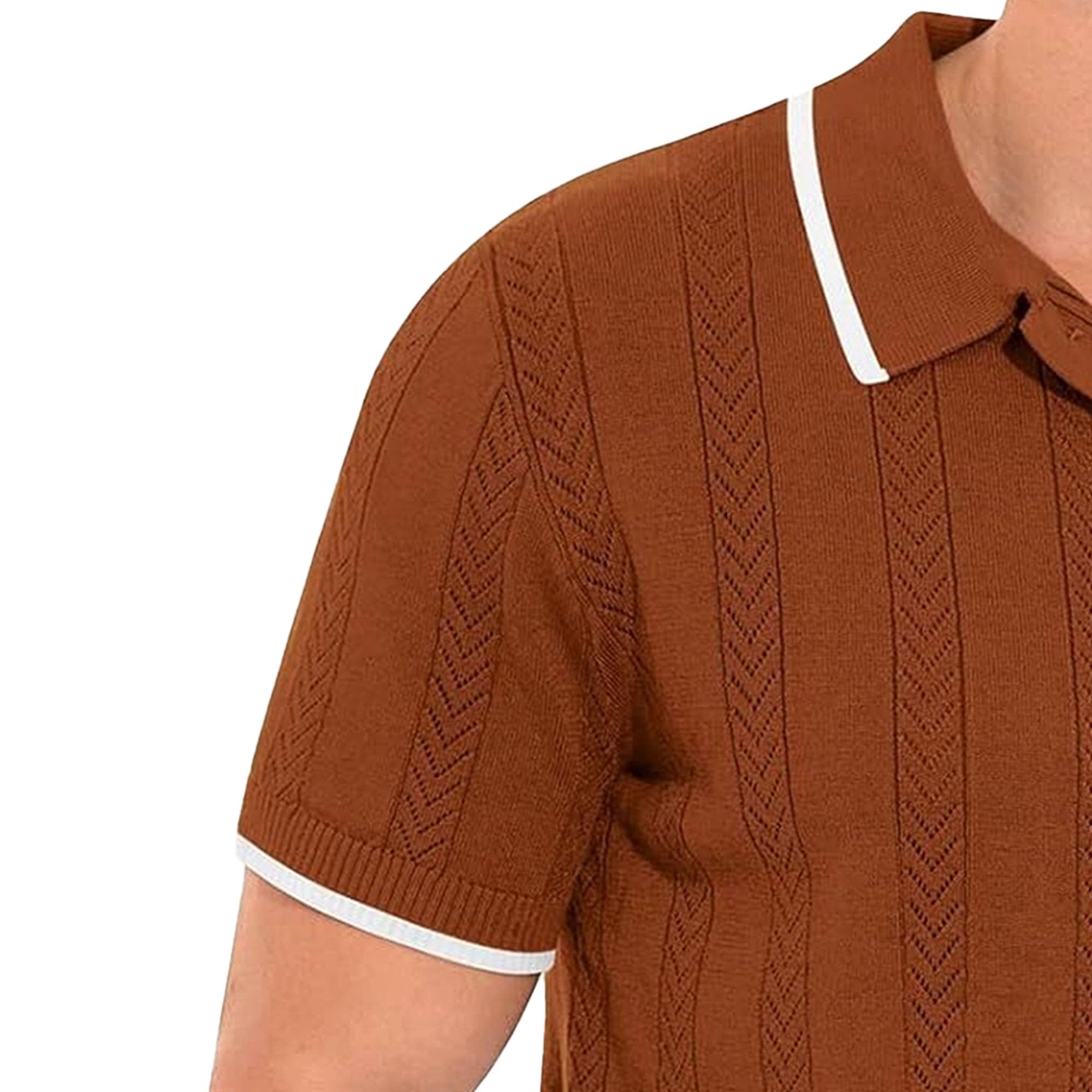 Maglietta da uomo con colletto cubano, vintage, con bottoni, per vacanze, a righe, lavorata a maglia, con bottoni, per golf e spiaggia