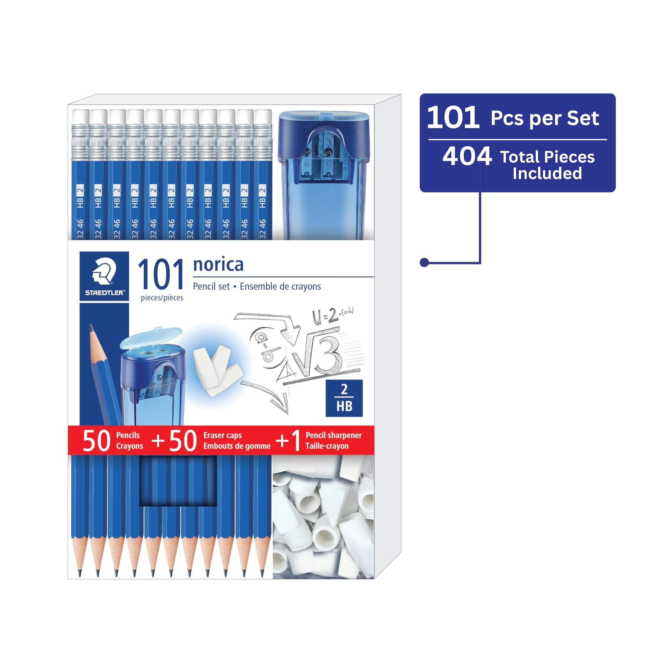 STAEDTLER Norica Bleistift-Set, 50 Bleistifte + 50 Radiergummis + Spitzer, 4 Stück | Vorgespitzte, #2 HB-Bleistifte, Doppellochspitzer, bruchfeste Mine, Schulpackung