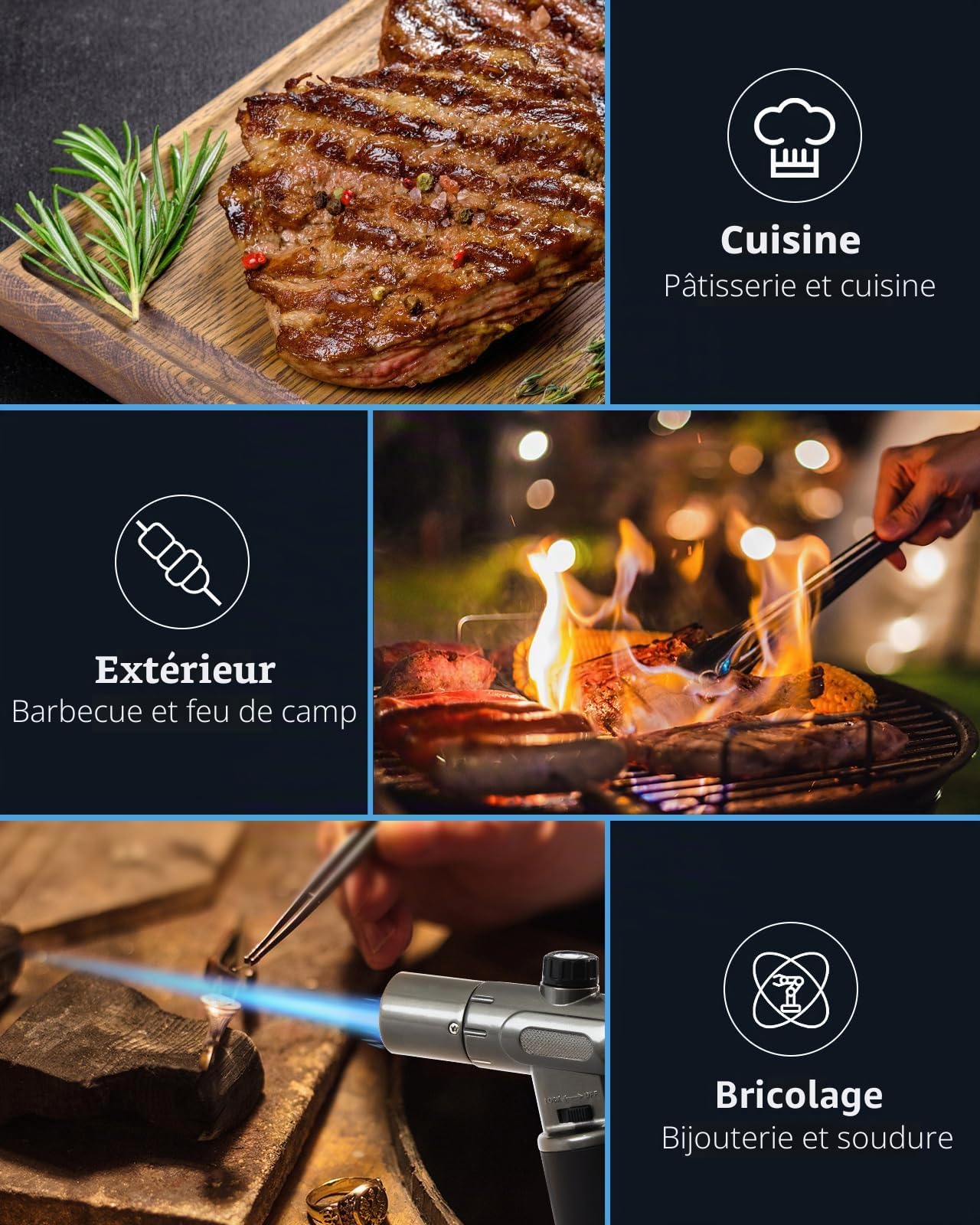 RONXS Chalumeau de Cuisine,Torche de Cuisine Briquet Butane Réglable à Double Flamme avec Flamme Continue Rechargeable Chalumeau Torche Culinaire (Gaz Butane Non Inclus)