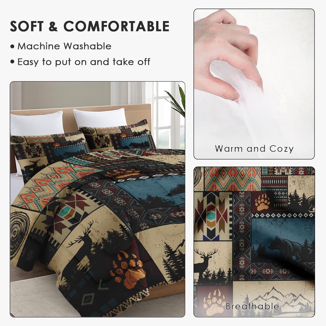 WeCozy Queen Size Comforter Set with 2 Pillowcases, Black Brown Country 3 Pcs Bedding for Kids and Adults, Deer Bear Wildlife Soft Comforter Set for Bedroom Bed Decor