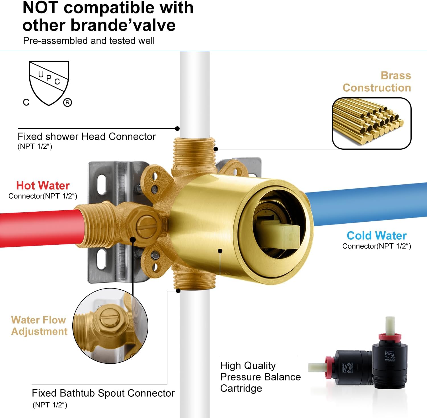 KENES Brushed Gold Tub and Shower Trim Kit, Square Tub Shower Faucet Set Complete with 6-Inch Rainfall Shower Head and Tub Spout, KE-6025A-4 (Shower Valve Included)