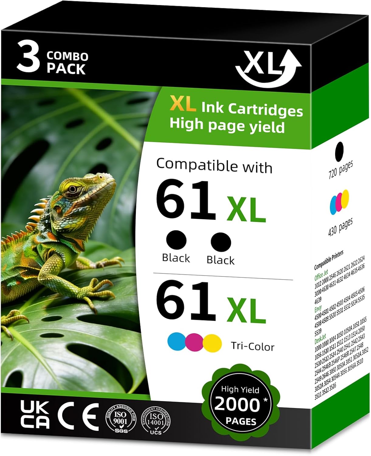 61XL High Yield Ink Cartridge Replacement for HP61XL HP61 61 XL Combo Pack Compatible with HP Envy 4500 OfficeJet 1012 DeskJet 1000 2546P 2546R (Black Tri-Color 2 Pack)