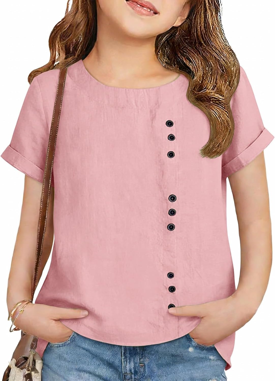Cotton Linen Shirts for Girls Short Sleeve Crewneck Tops Cute Boho Oversized Tunic Blouses 2026 Fashion Casual Dressy Shirts