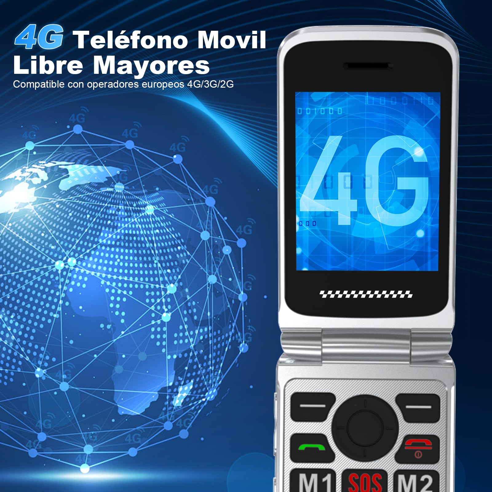 4G Telefono Movil para Mayores Libre con Teclas Grandes, Doble Ranura SIM, Fácil De Usar Teléfono Móvil Personas Mayores con Gran Pantalla de 2,8, Botón SOS,Cable USB C,Batería 1200mah,Base Cargadora