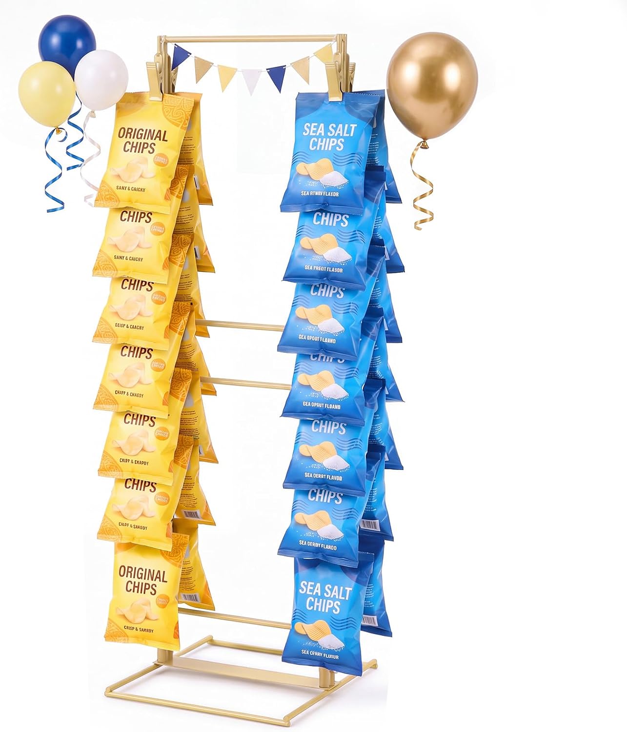 Novabright Chip Rack Display Stand, Potato Chip Rack Bag Holder with 28 Clips, 2 Row Metal Snack Organizer for Party, Chips Holder Display for Countertop, Store Concession Stand(Gold)