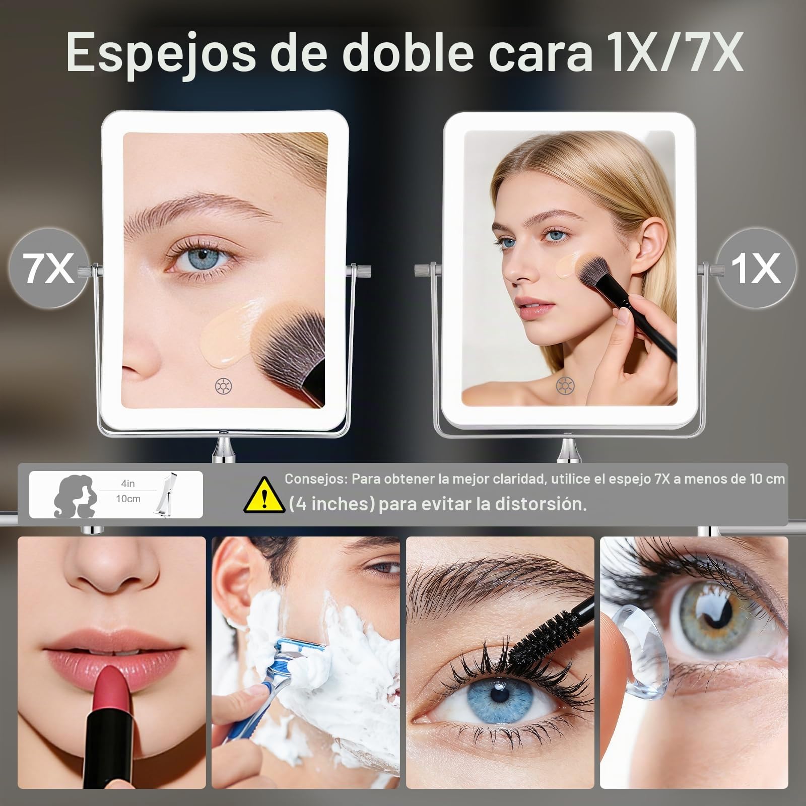 Espejo de Maquillaje con Luz LED Recargable, Espejo de Baño con 3 Colores de Iluminación, Aumento 7X y Brazo Extensible, Giratorio 360°, Espejo de Pared con Atenuación Progresiva y Gancho Integrado