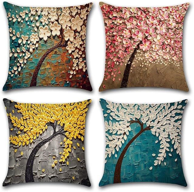 Freeas Cushion Cover, Set of 4 Oil Painting Pattern Pillowcase Square House Sofa Pillow Cover 45 x 45 cm