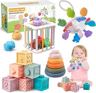 Plunack Montessori Toys for 6-12 Months Babies, 4 in 1 Pull String Teething Toys, Toddlers Stacking Building Blocks for In...