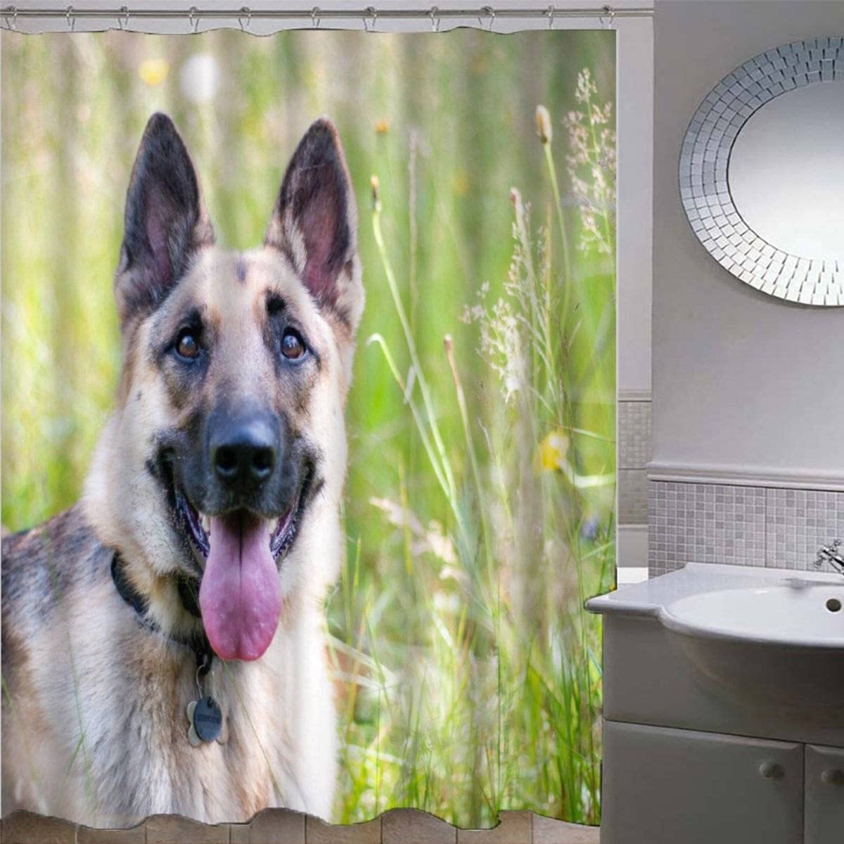 Shower Curtain 180x180cm Waterproof Shower Curtain German Shepherd Bath Curtains for Shower Wet Room Unique Printed Animal Dog Shower Curtain Rust Proof Eyelets