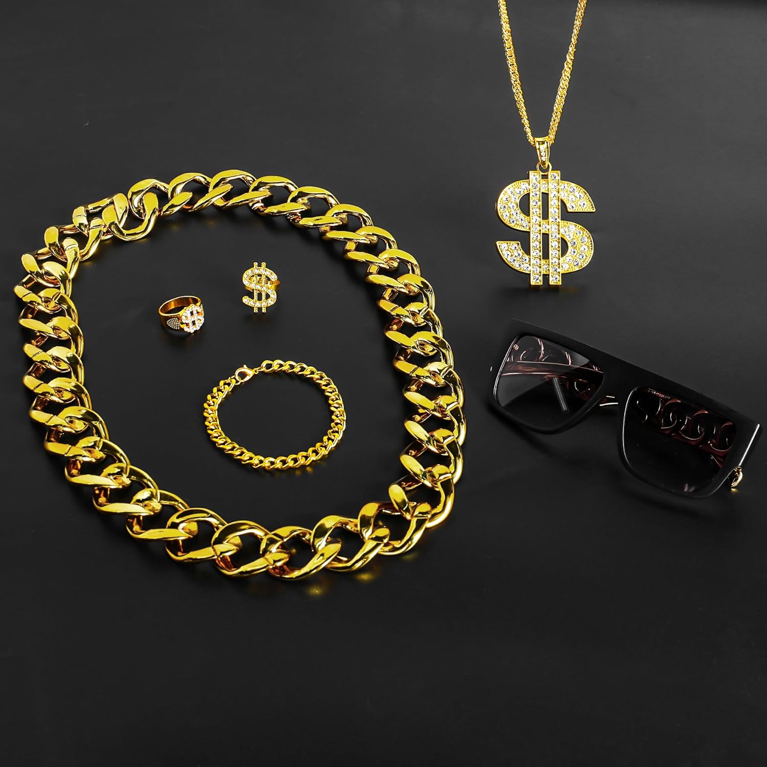 6Pcs Hip Hop Costume Kit 80s 90s Outfit for Men Women Dollar Sign Necklace Fake Gold Chain Bracelet Money Finger Ring Sunglasses for Jewelry Rapper Accessories Halloween Party Cosplay Props - Image 7