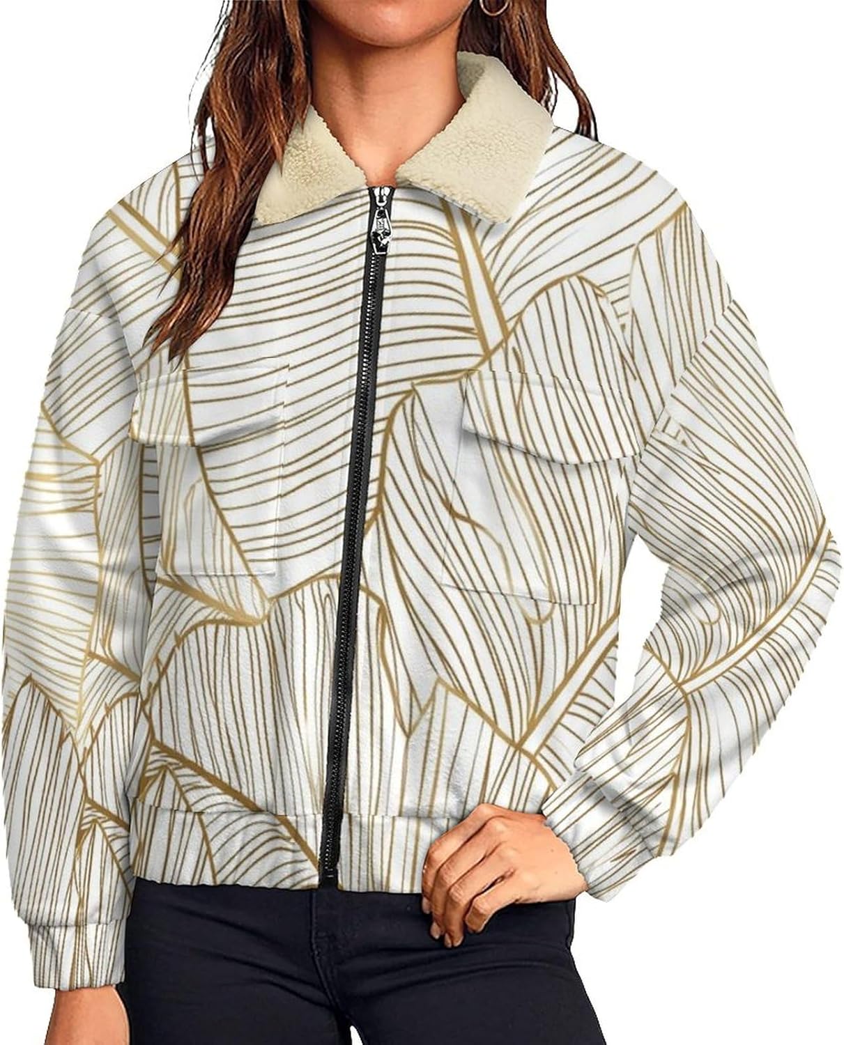 Women's Full Zip Soft Polar Fleece Jacket, Banana Leaf Printed Outdoor Coat, Long Sleeve Comfortable Outerwear
