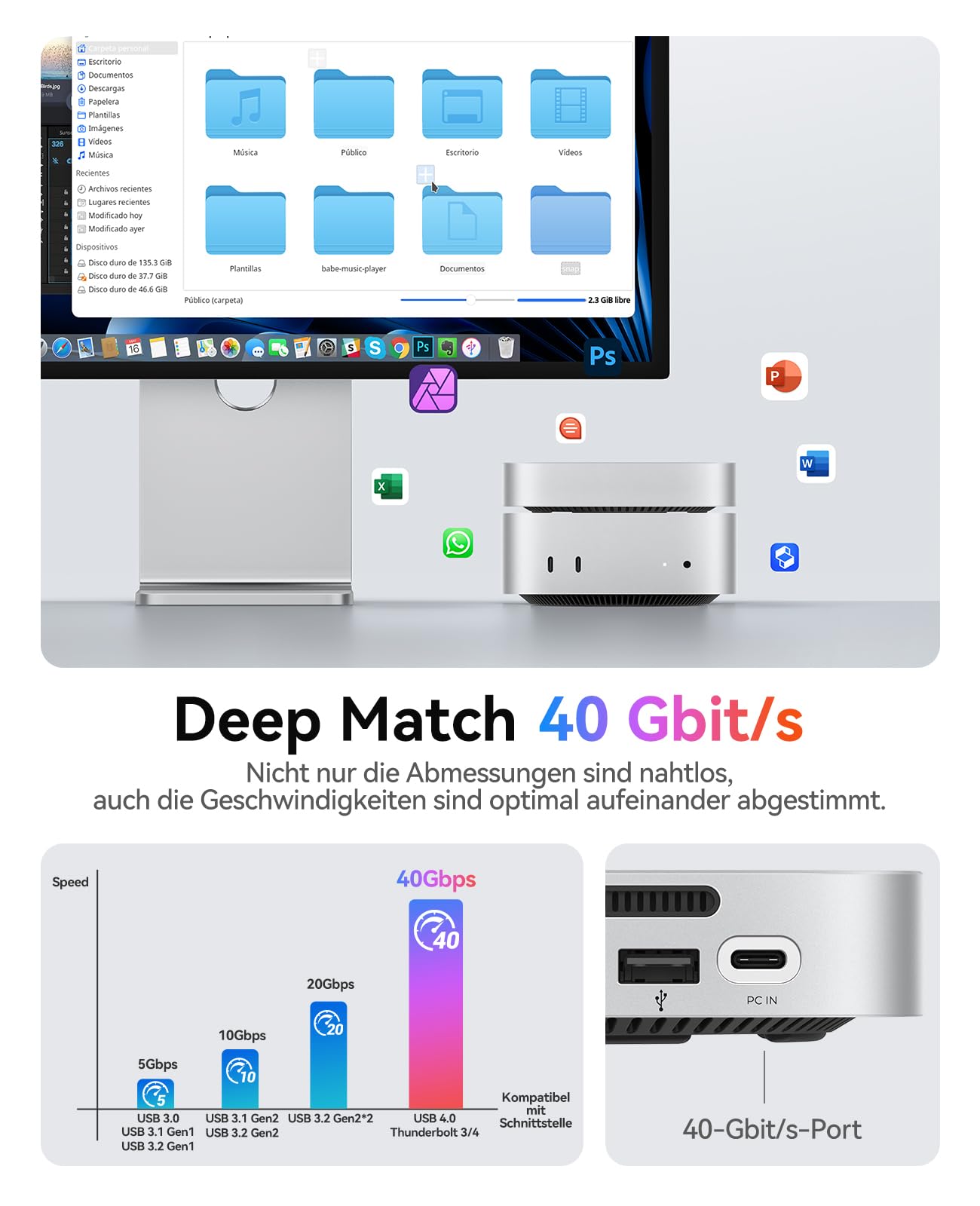 ORICO MiniMate Pro+ 40Gbps USB4-Dock für Mac mini M4/M4 Pro 2025. Aluminium, 2TB NVMe SSD (Nicht abnehmbar), 3,5mm Audio, 2×USB-A. Perfekter Stand & Hub in einem.