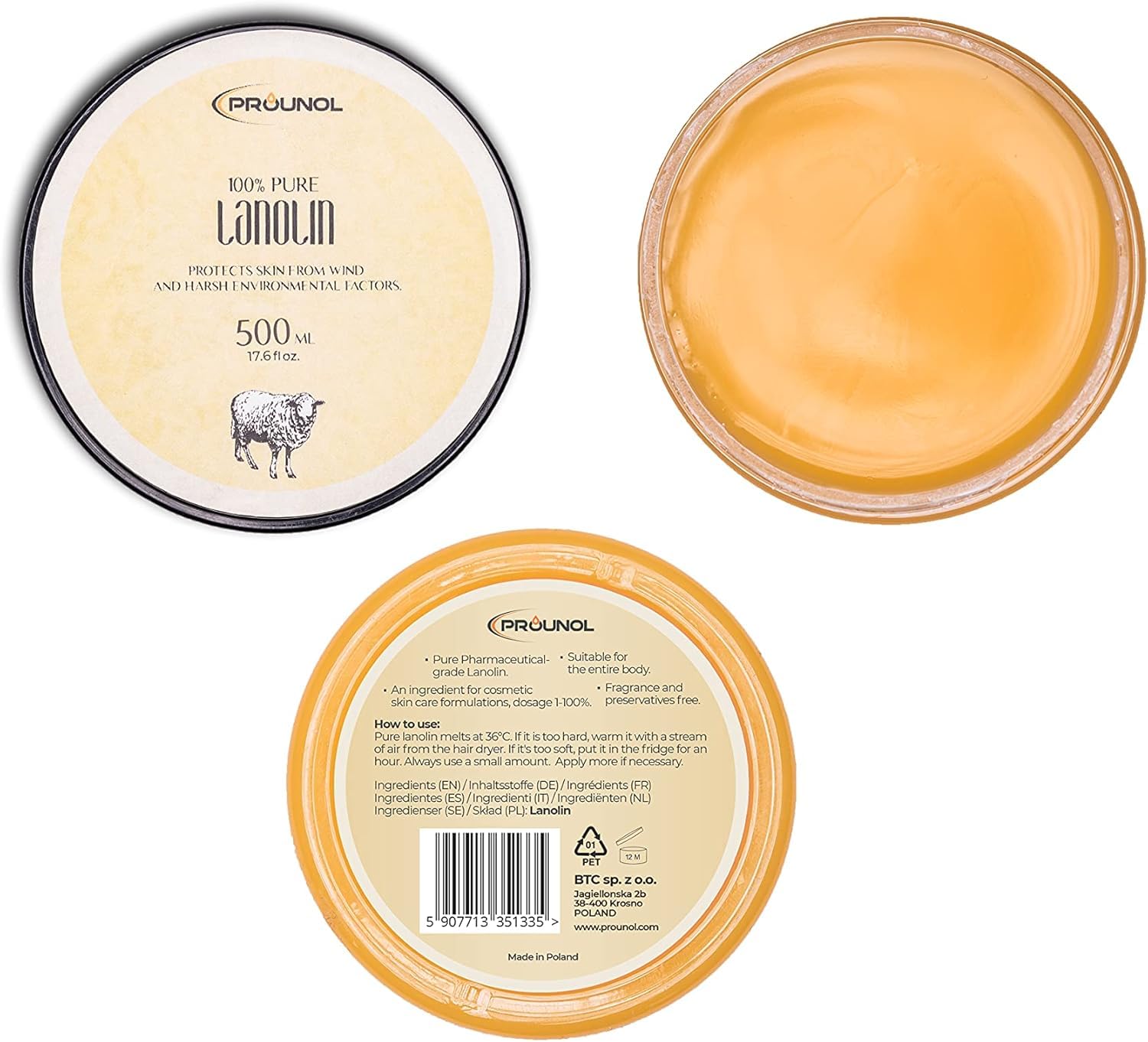 PROUNOL Lanolina Bezwodna 500ml - 100% Czysta Lanolina, Tłuszcz Wełniany bez Zapachu - Naturalny Krem do Pielęgnacji Suchych Rąk i Stóp