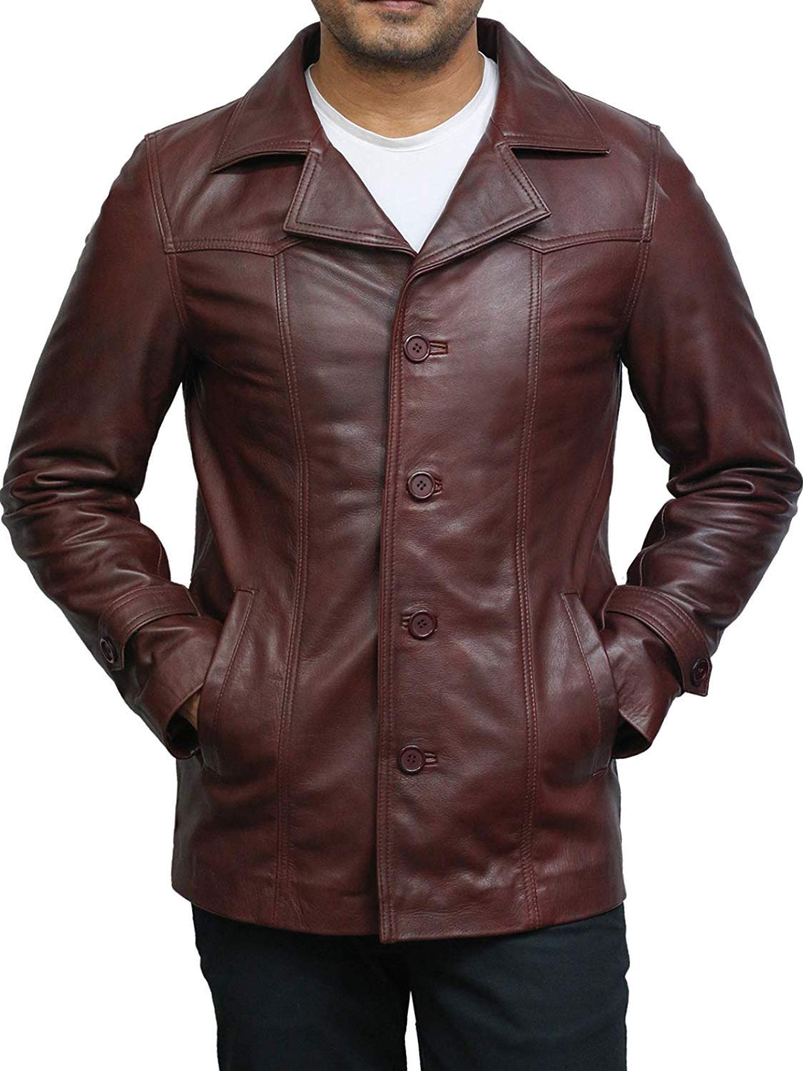 BRANDSLOCK Herren Echt Rindsleder Lederjacke Trenchcoat Safarimantel Gewaschen